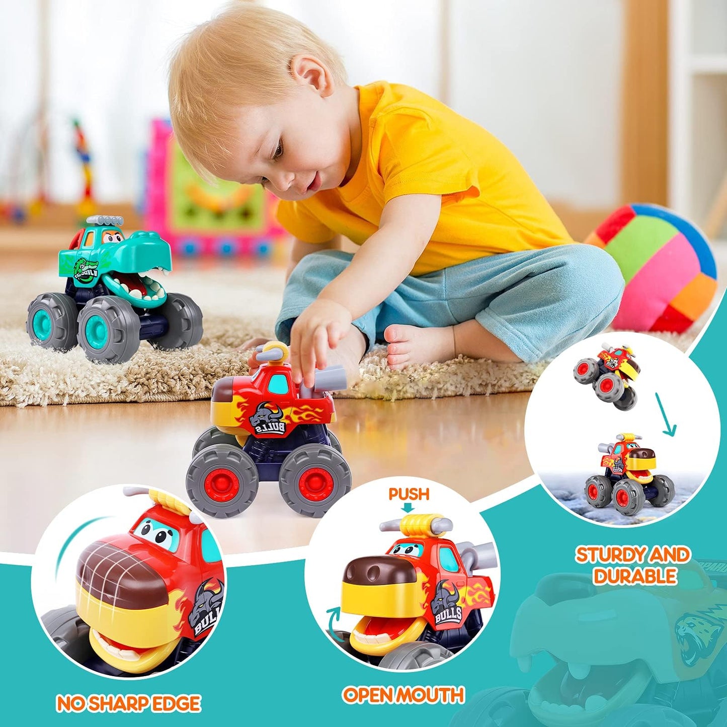 WITALENT Monster Truck Toys 3-Pack for Toddlers 1-3: Bull, Crocodile & Leopard