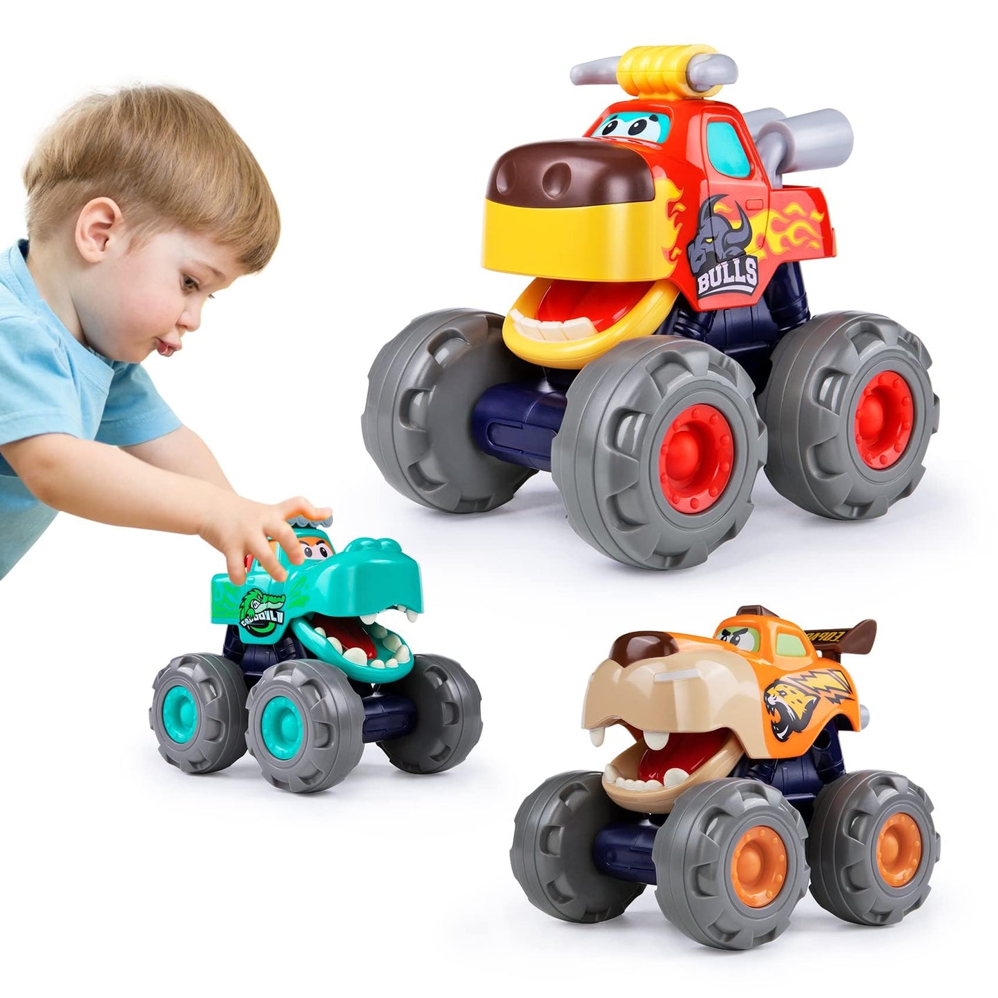 WITALENT Monster Truck Toys 3-Pack for Toddlers 1-3: Bull, Crocodile & Leopard