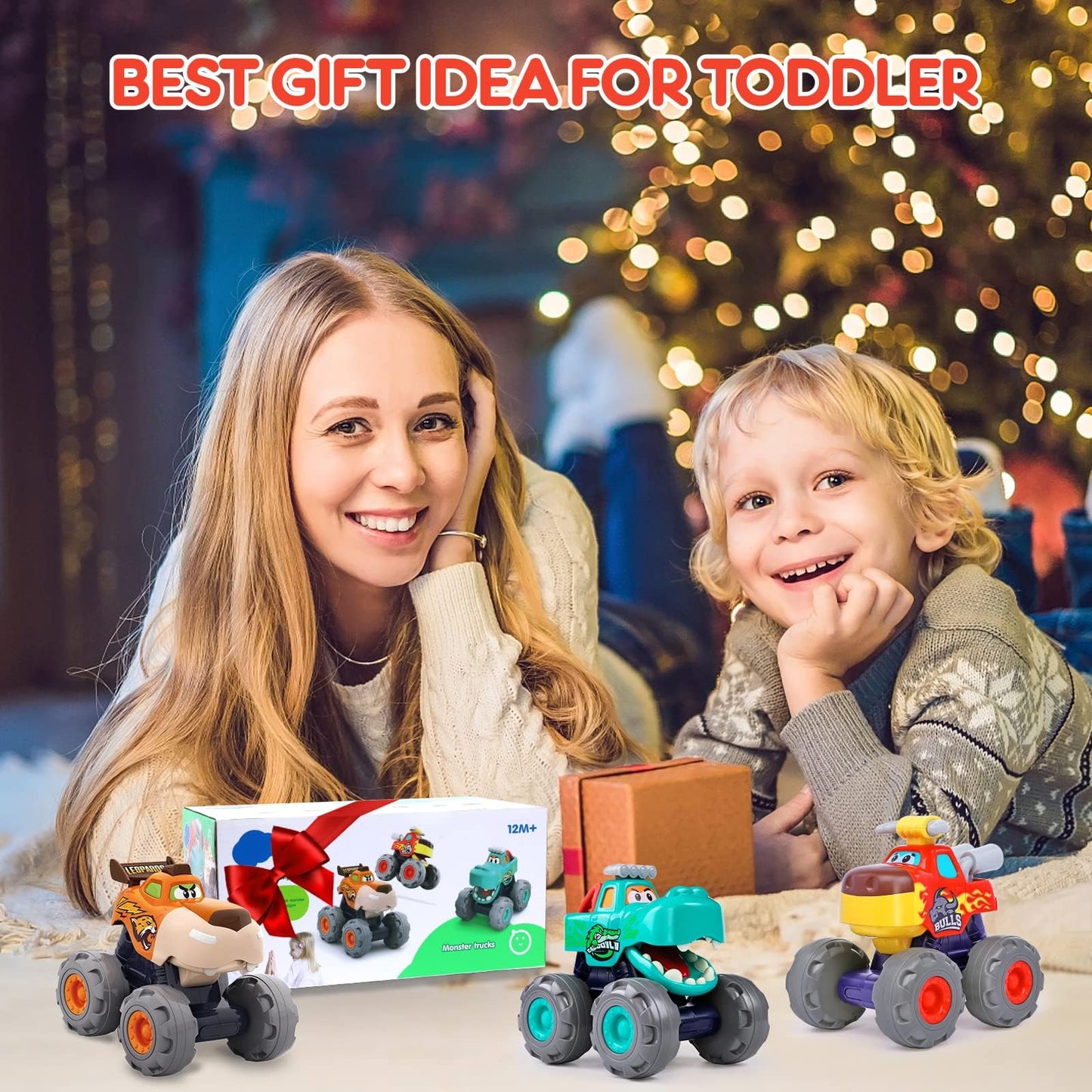 WITALENT Monster Truck Toys 3-Pack for Toddlers 1-3: Bull, Crocodile & Leopard