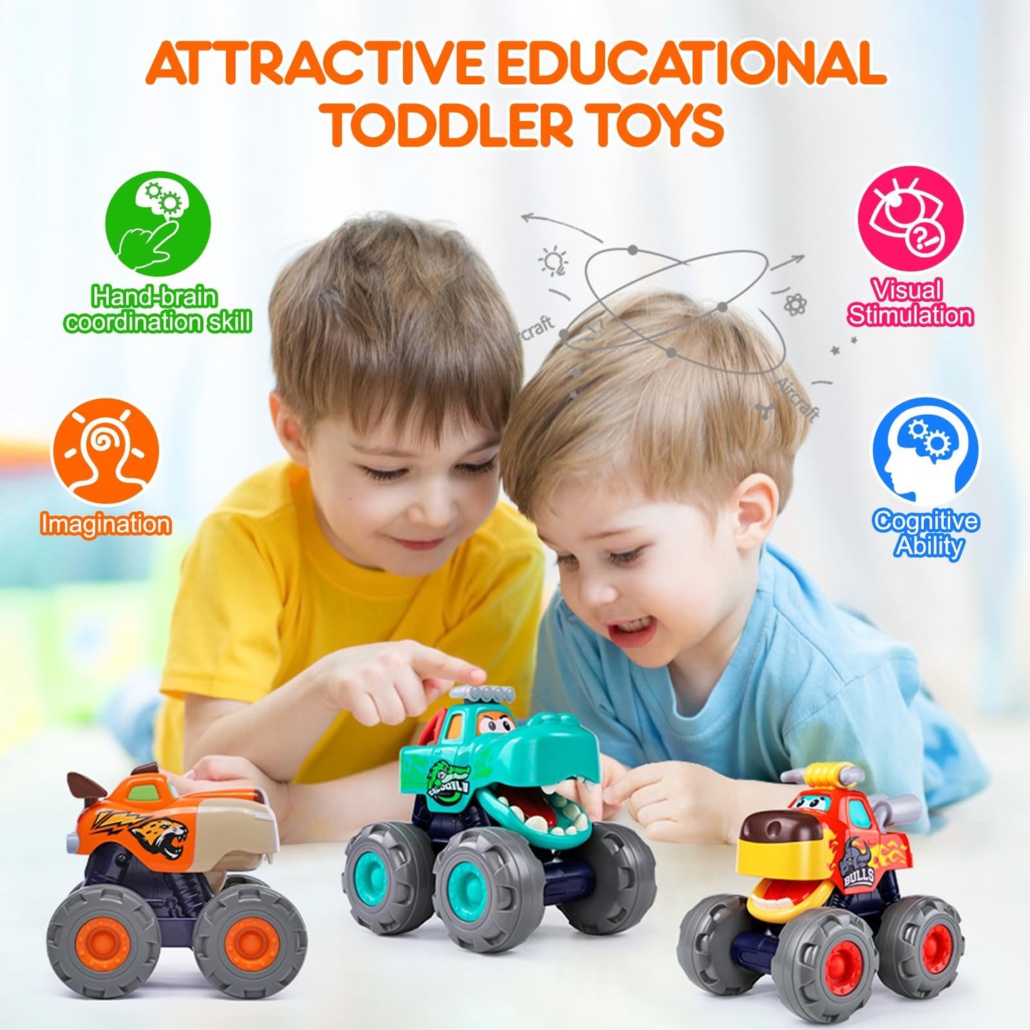 WITALENT Monster Truck Toys 3-Pack for Toddlers 1-3: Bull, Crocodile & Leopard