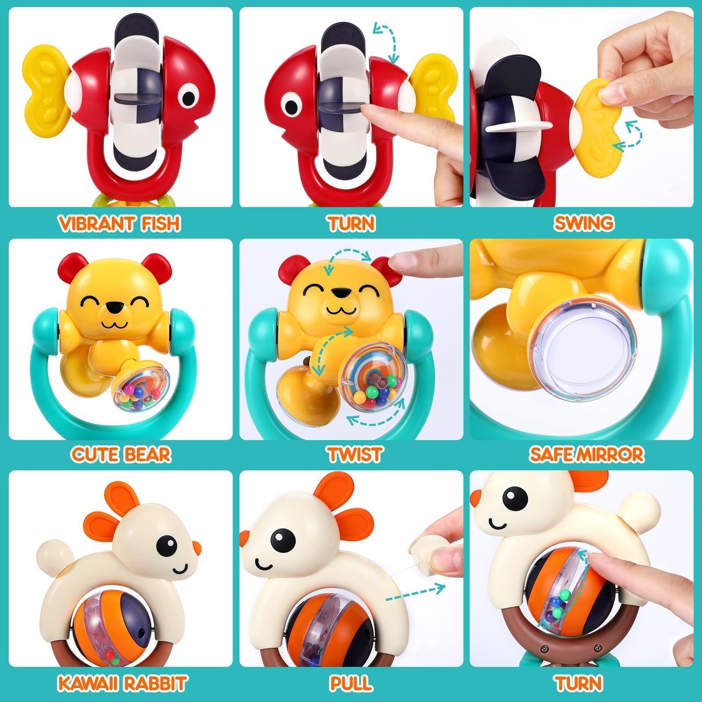 WITALENT Baby Toys 3-Pack | High Chair Suction Rattle & Teether Set for 6-12 Months