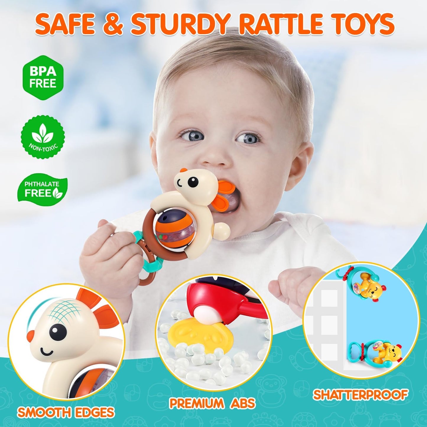 WITALENT Baby Toys 3-Pack | High Chair Suction Rattle & Teether Set for 6-12 Months