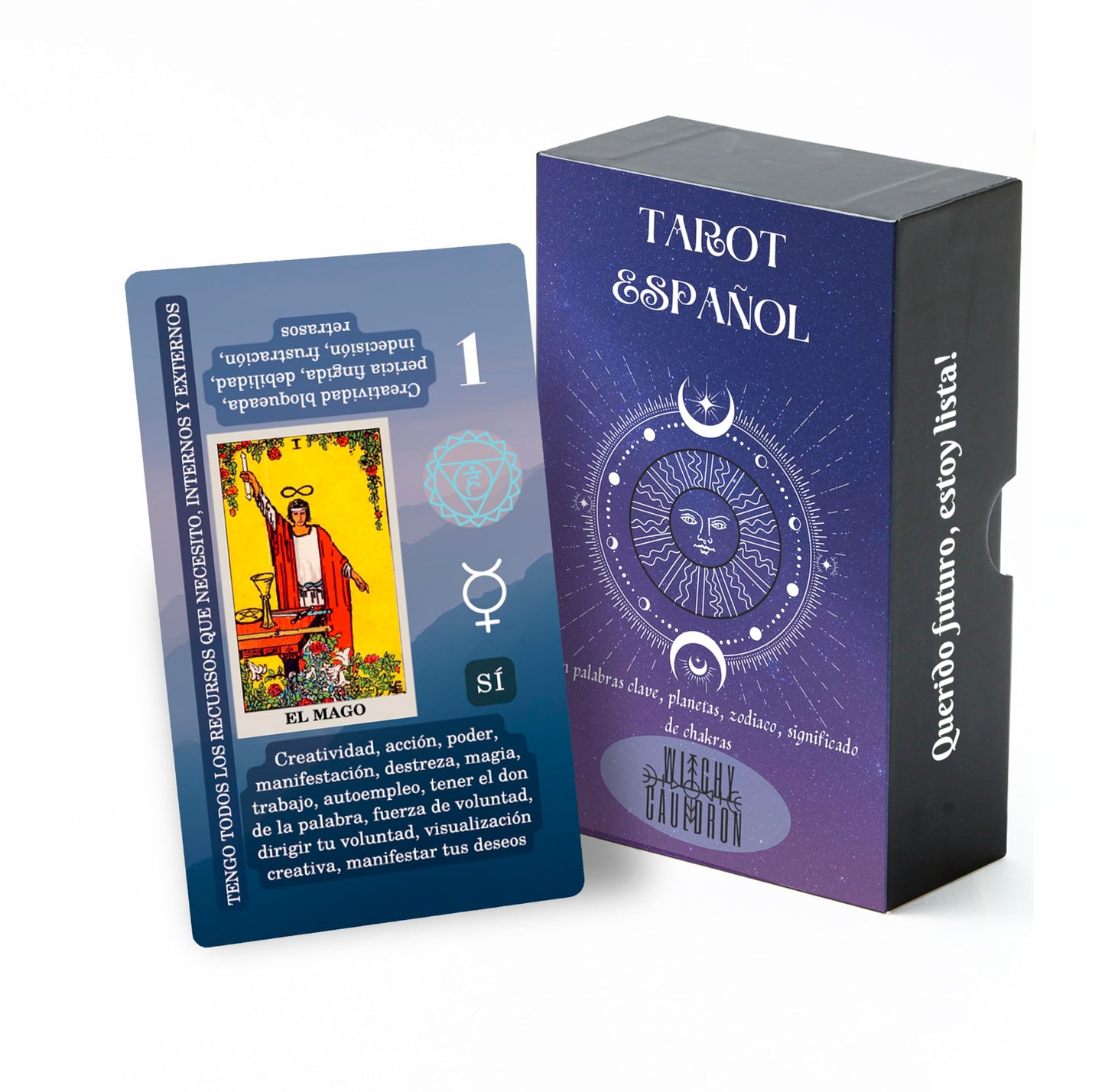 Witchy Cauldron Spanish Tarot for Beginners — Cards with Meanings, Chakras, Zodiac, Planets & Yes/No