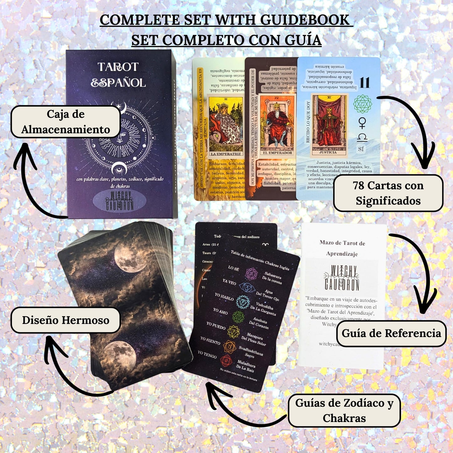 Witchy Cauldron Spanish Tarot for Beginners — Cards with Meanings, Chakras, Zodiac, Planets & Yes/No