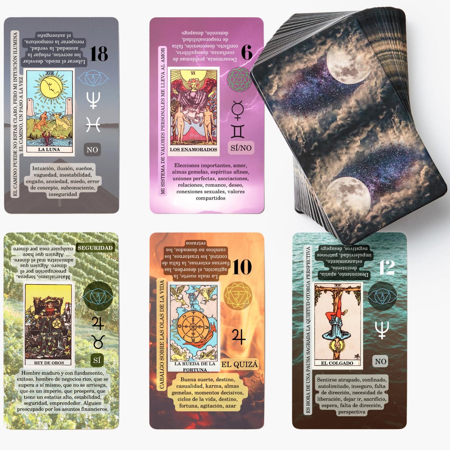 Witchy Cauldron Spanish Tarot for Beginners — Cards with Meanings, Chakras, Zodiac, Planets & Yes/No