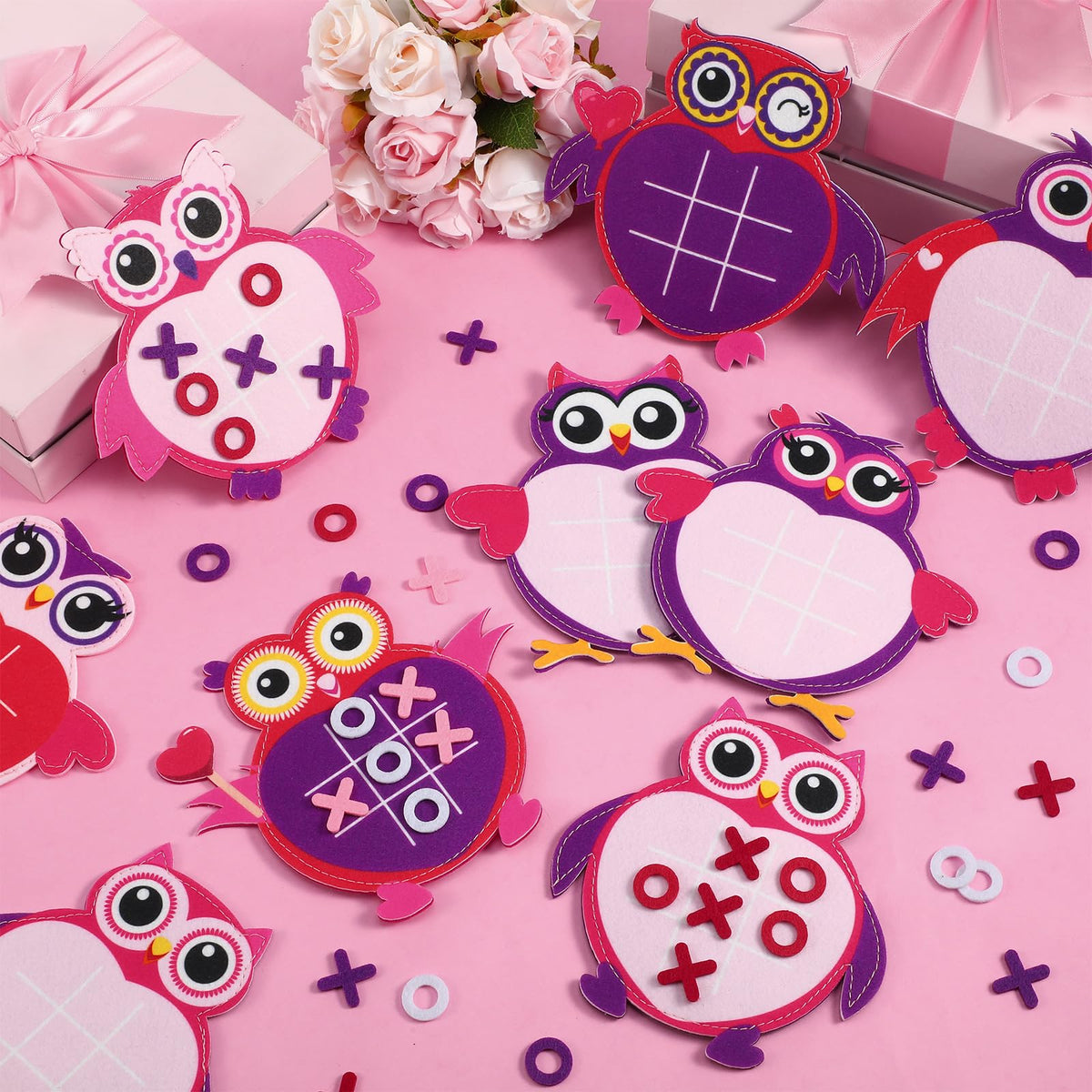 Wiwiqing 24-Pack Valentines Day Tic Tac Toe - Felt Board with Storage Bags (Birds)