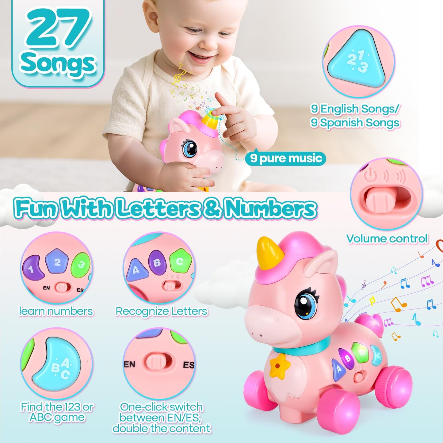 WixbFyn Baby Unicorn Toy – Music, Lights & Bilingual Learning for 6-18 months