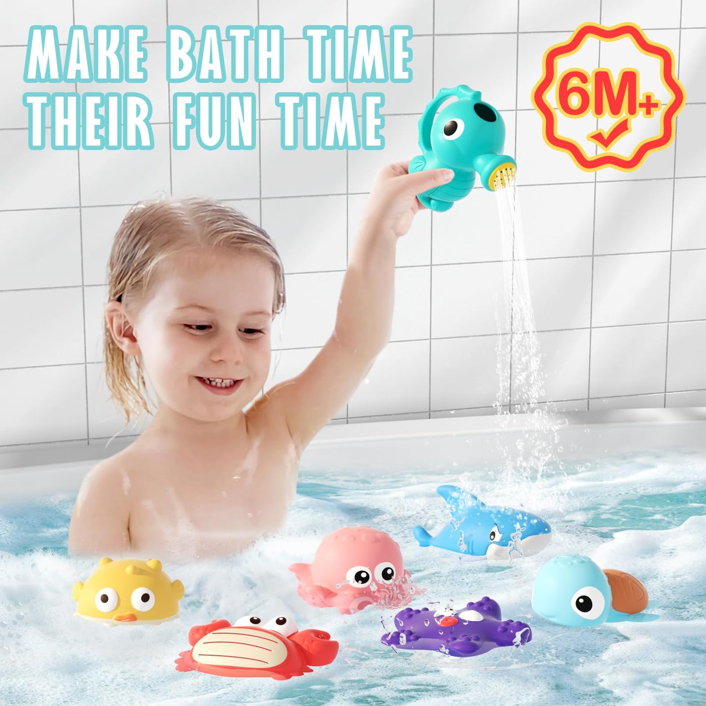Wixlon Mold-Free Bath Toys for Toddlers — No-Hole Ocean Animals with Storage Bag