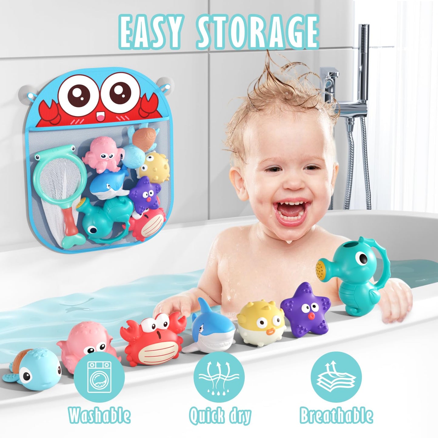 Wixlon Mold-Free Bath Toys for Toddlers — No-Hole Ocean Animals with Storage Bag
