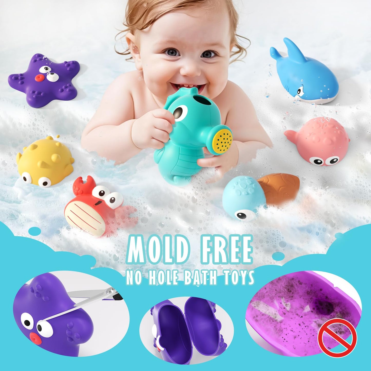Wixlon Mold-Free Bath Toys for Toddlers — No-Hole Ocean Animals with Storage Bag