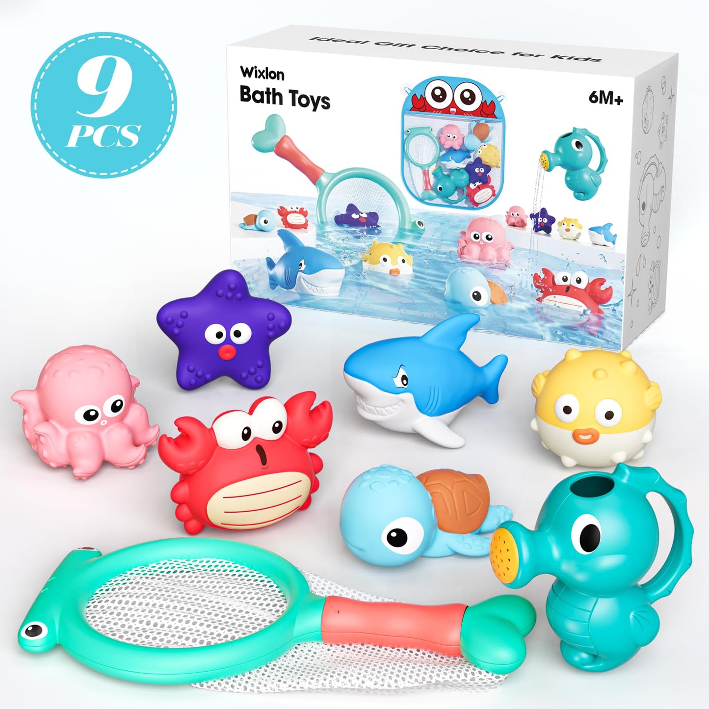 Wixlon Mold-Free Bath Toys for Toddlers — No-Hole Ocean Animals with Storage Bag