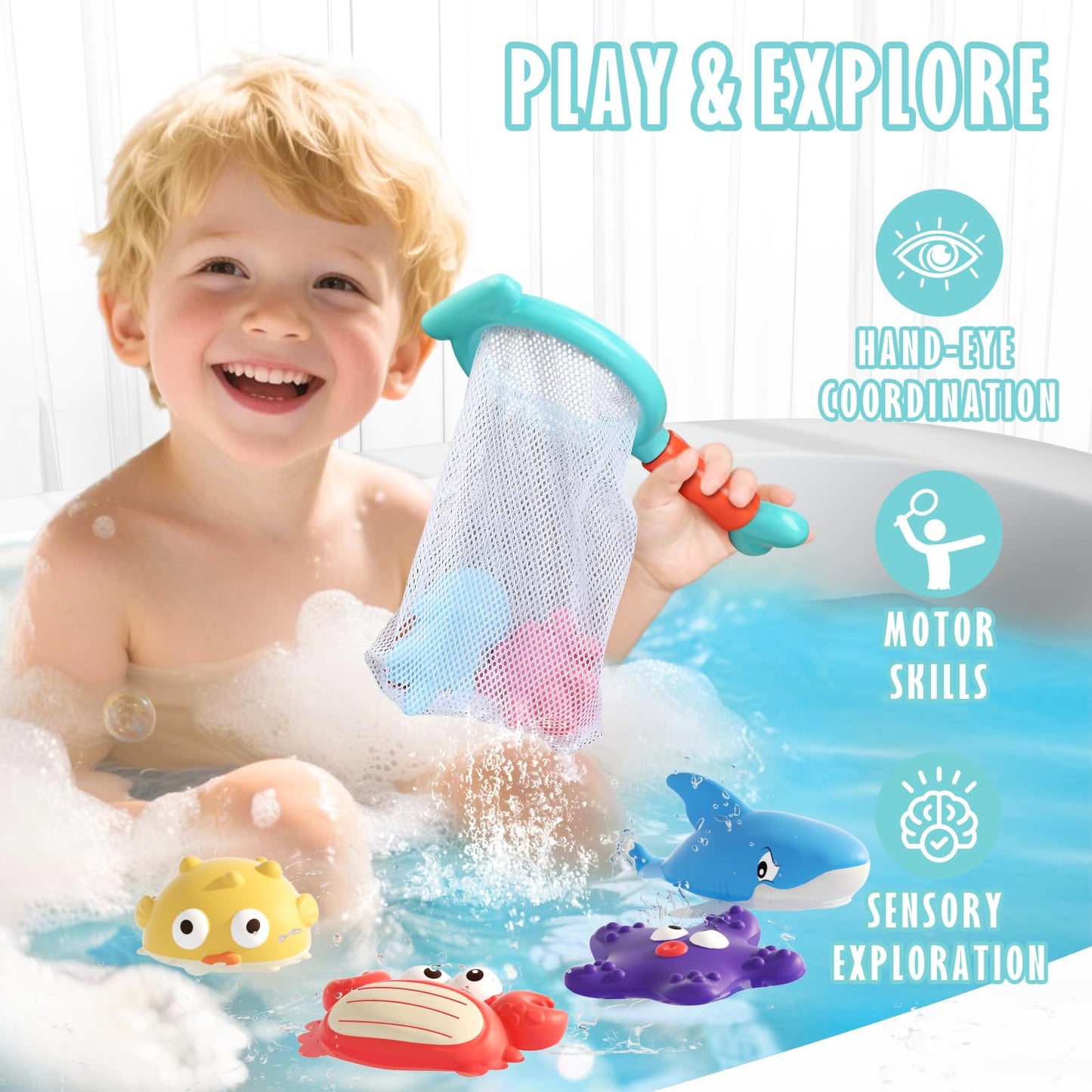 Wixlon Mold-Free Bath Toys for Toddlers — No-Hole Ocean Animals with Storage Bag