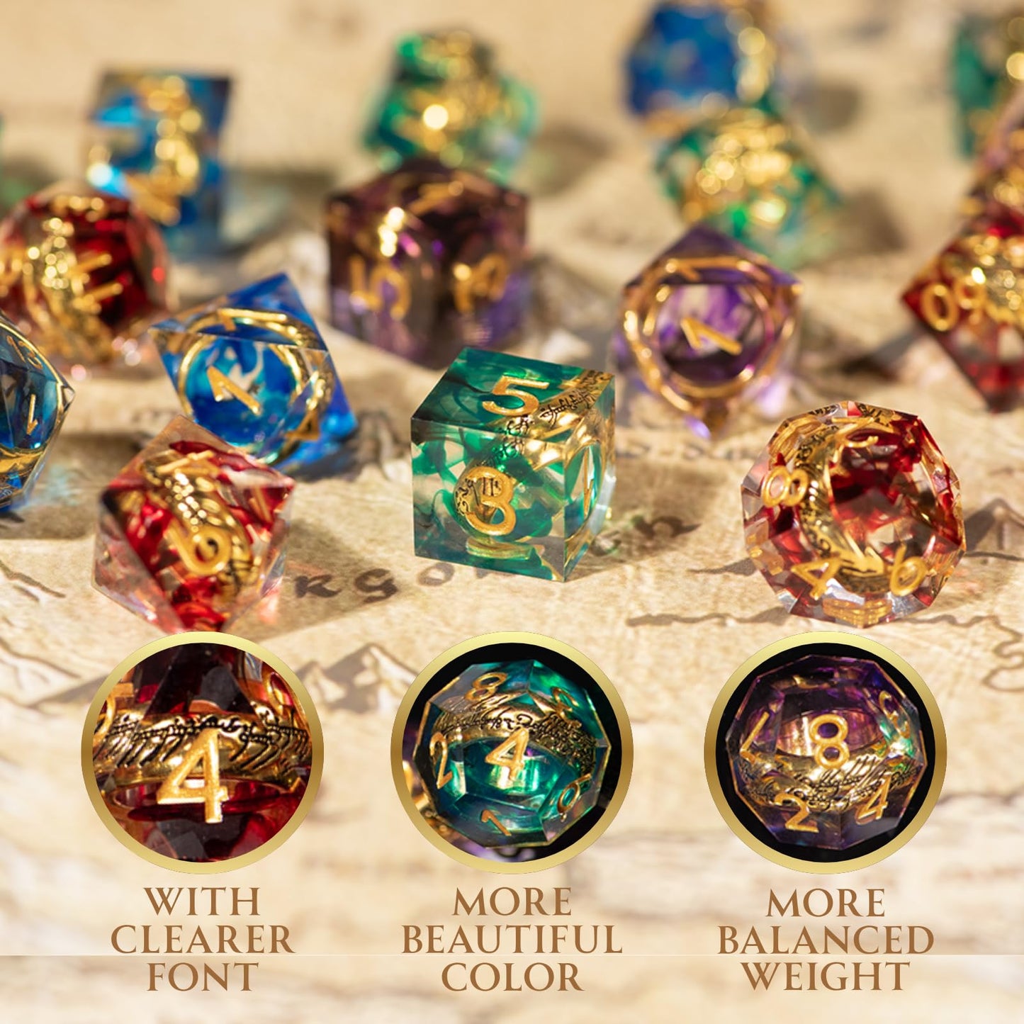 WizardsArcanum Magic Ring DND Dice Set – 7 Resin Dice with Iron Box (Blue) for DND, COC & RPGs