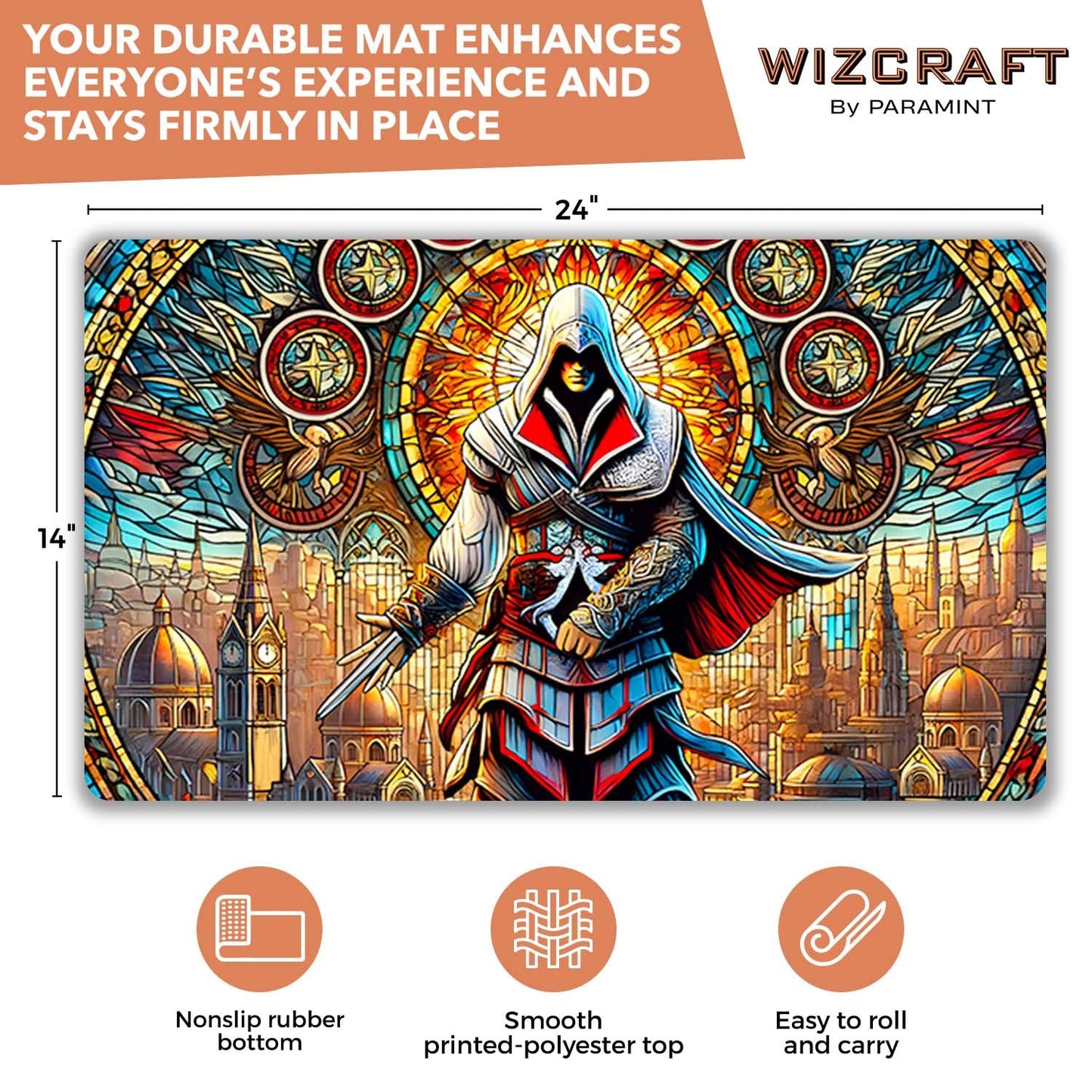 Wizcraft Gaming Stained Glass Assassin Playmat - MTG, Yu-Gi-Oh, TCG | Durable & Non-Slip
