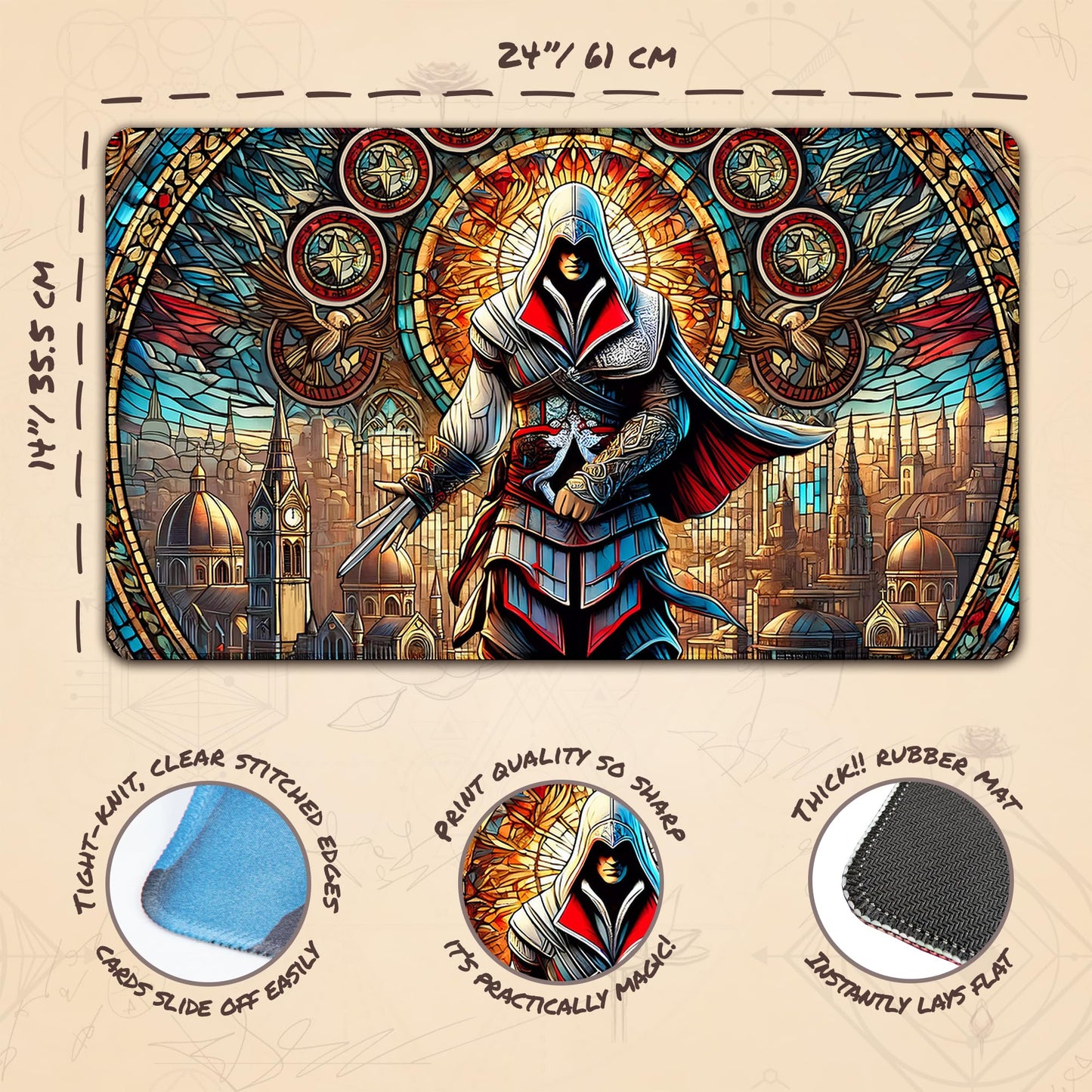 Wizcraft Gaming Stained Glass Assassin Playmat - MTG, Yu-Gi-Oh, TCG | Durable & Non-Slip
