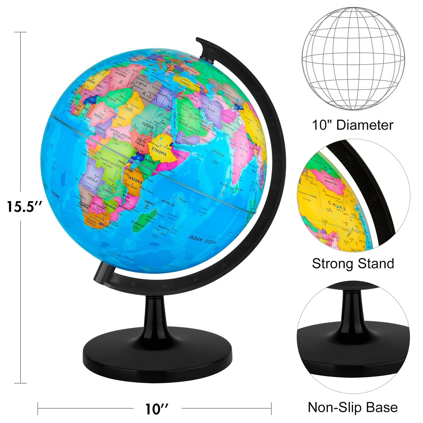 Wizdar 10-Inch DIY World Globe for Kids – Educational Rotating Globe for Classroom, Desk & Decor