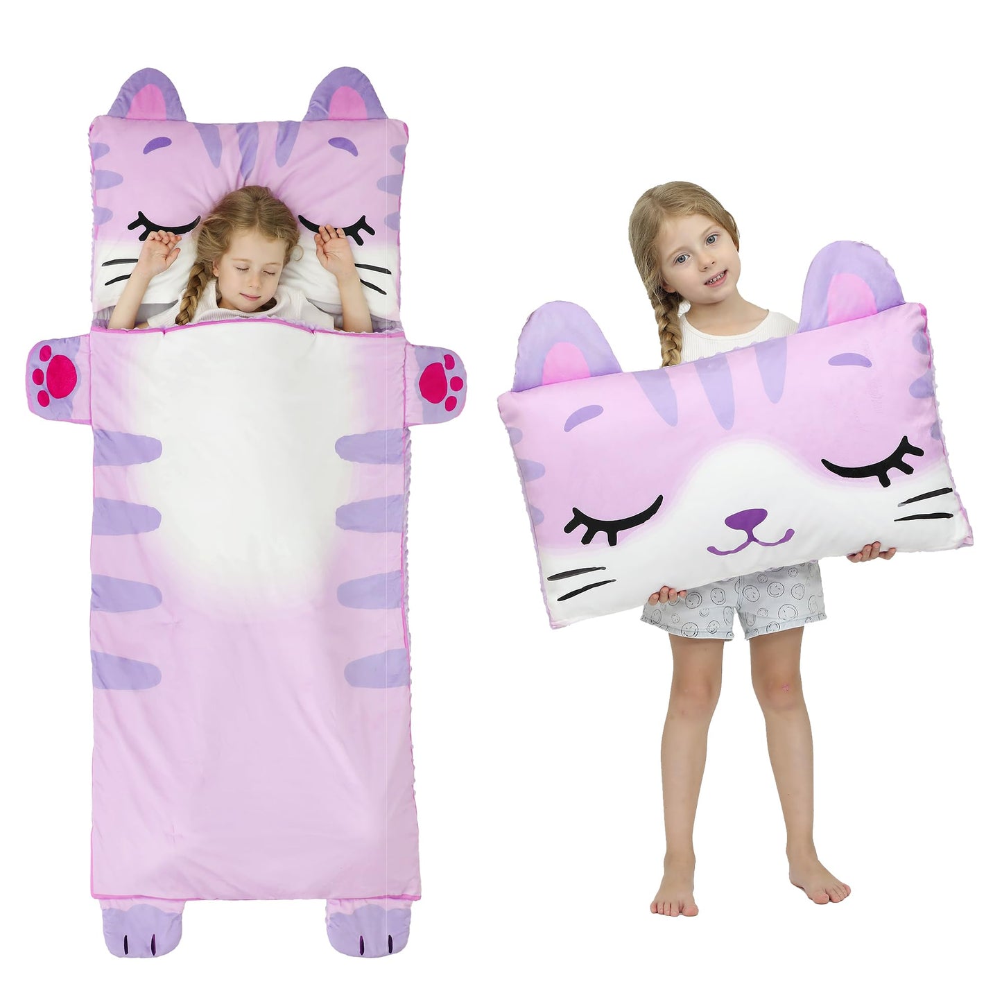 Wizland Kids Sleeping Bag for Girls - Flannel Kitty Nap Mat, Portable Pink Rest Mat for Daycare & Preschool 61.8 in x 28.3 in