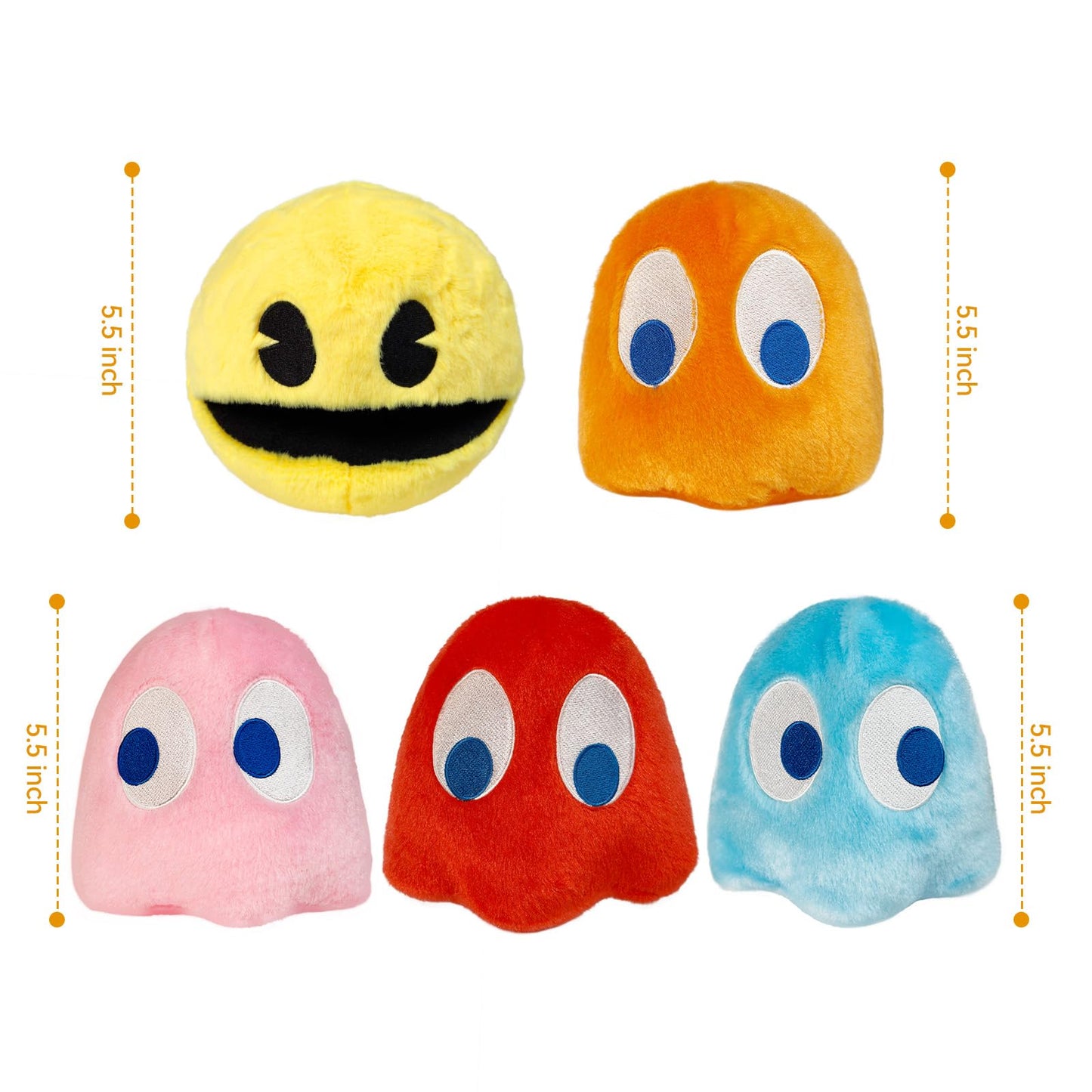 WjcnPac-Man 6in Pac Plush Ghost – Set of 5 Soft Plush Toys for Parties, Gifts & Decor
