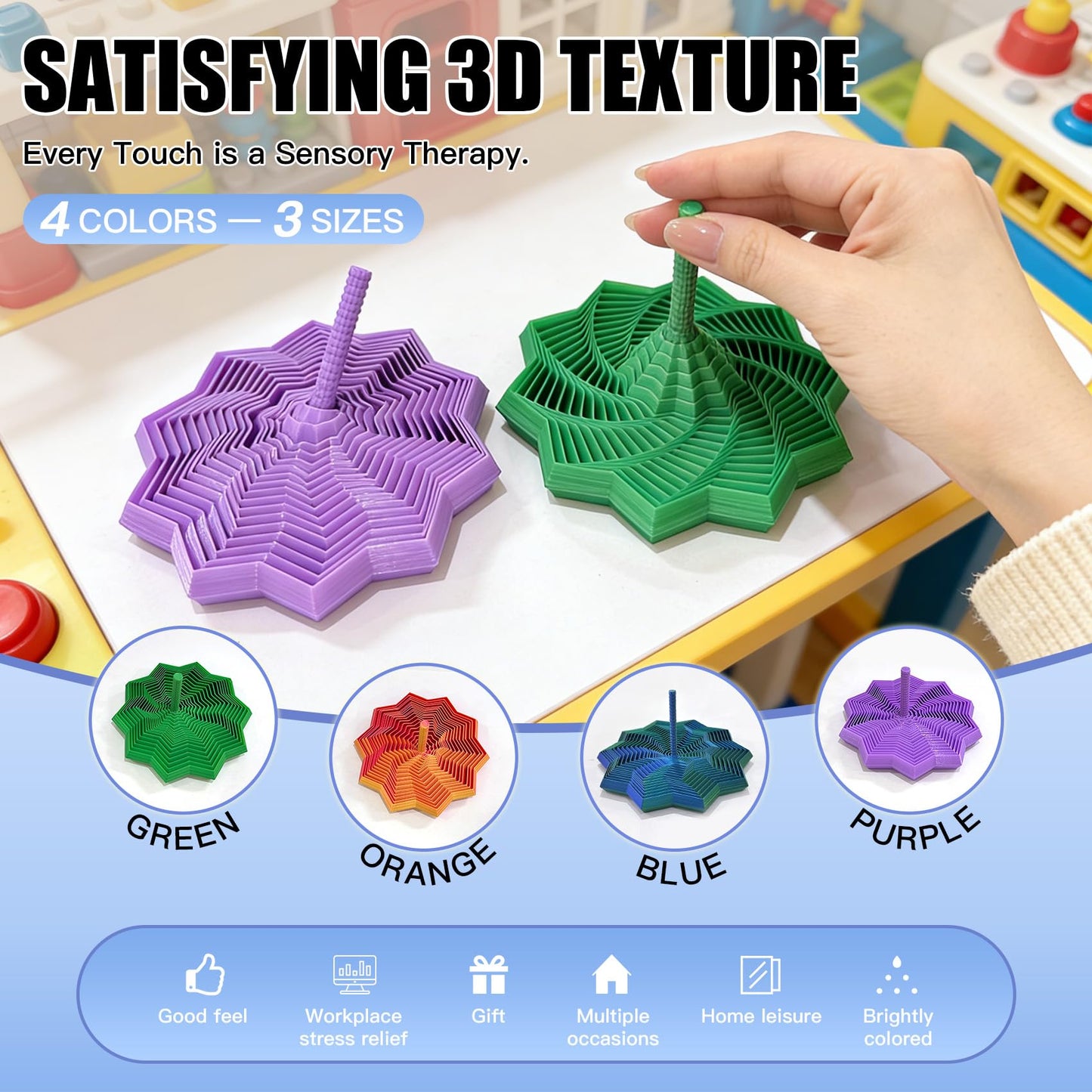 WJOVK 3D Printed Expanded Sensory Fidget Star – 14/20/26 Ring Hexagon with Center Handle