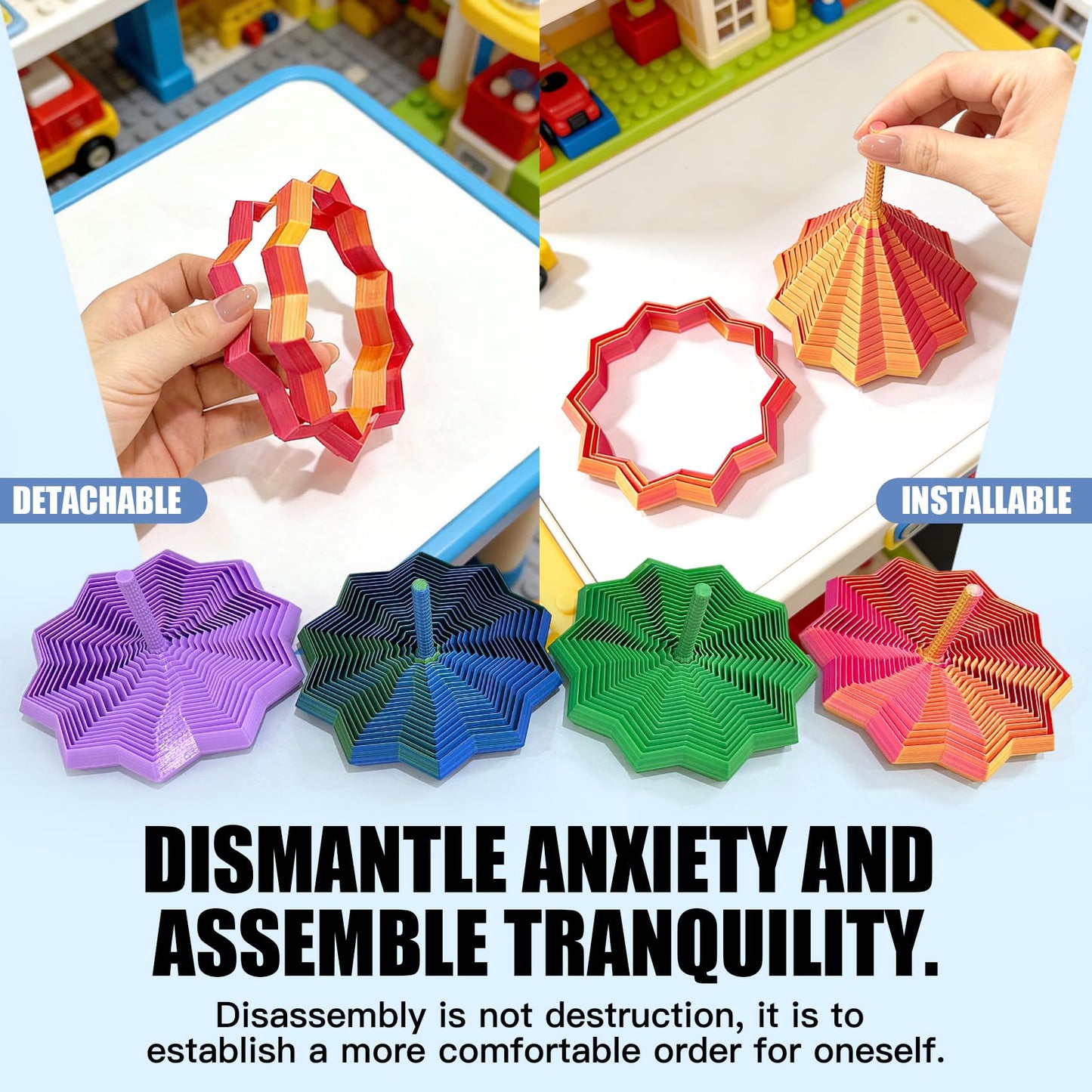 WJOVK 3D Printed Expanded Sensory Fidget Star – 14/20/26 Ring Hexagon with Center Handle