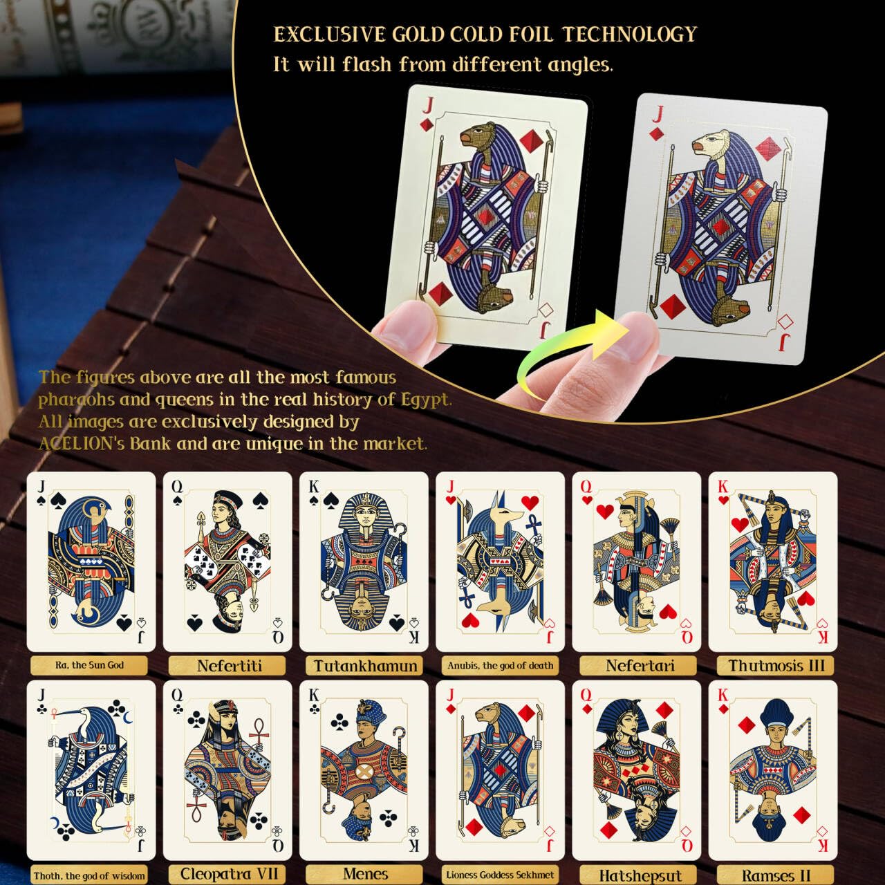 WJPC Gold Cold Foil Edge Playing Cards – Flower-Cut, Ancient Egypt Theme, 54-Card Deck