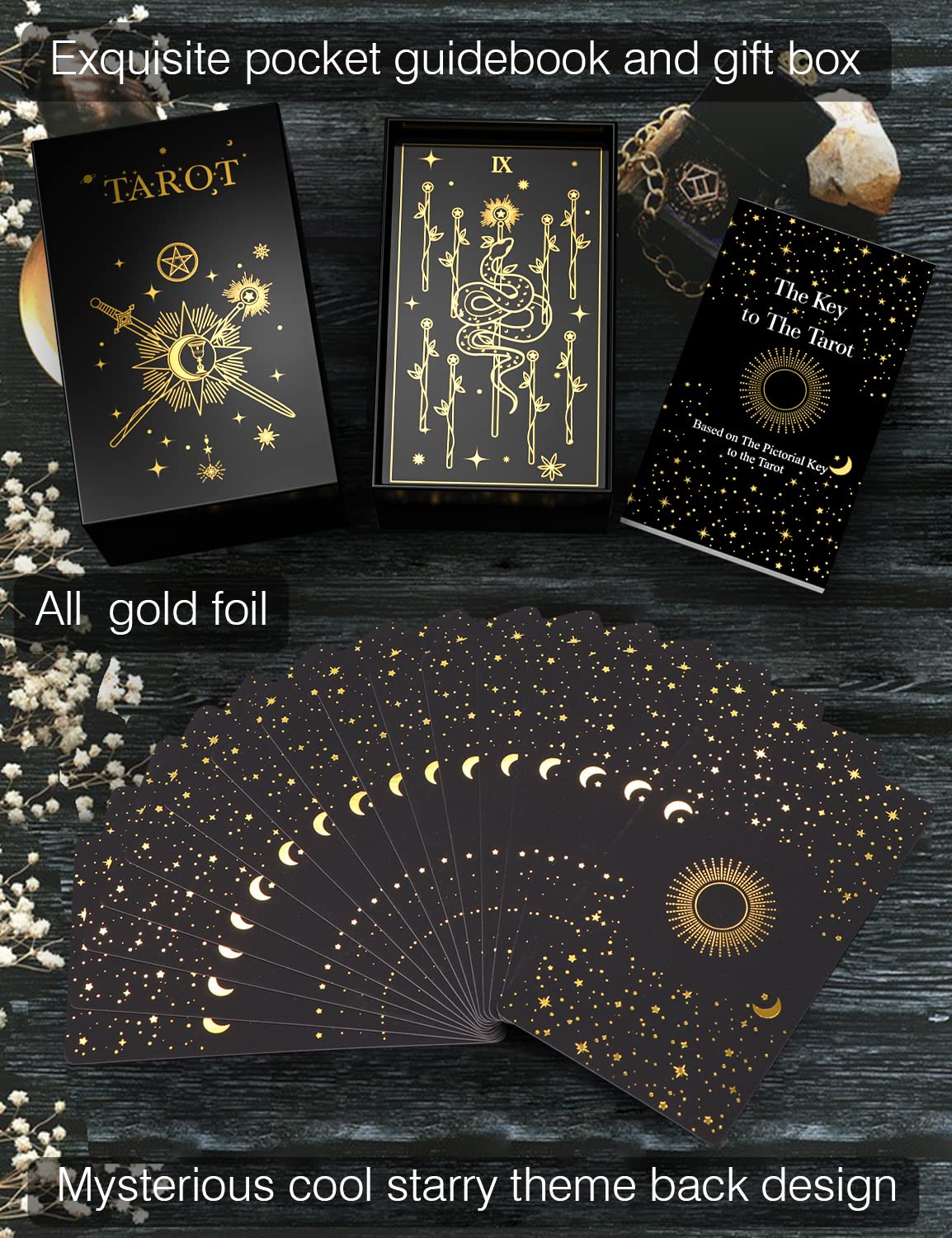 WJPC Gold Foil Tarot Cards with Guide Book Set & Gift Box – 78 Cards, 99-Page Manual