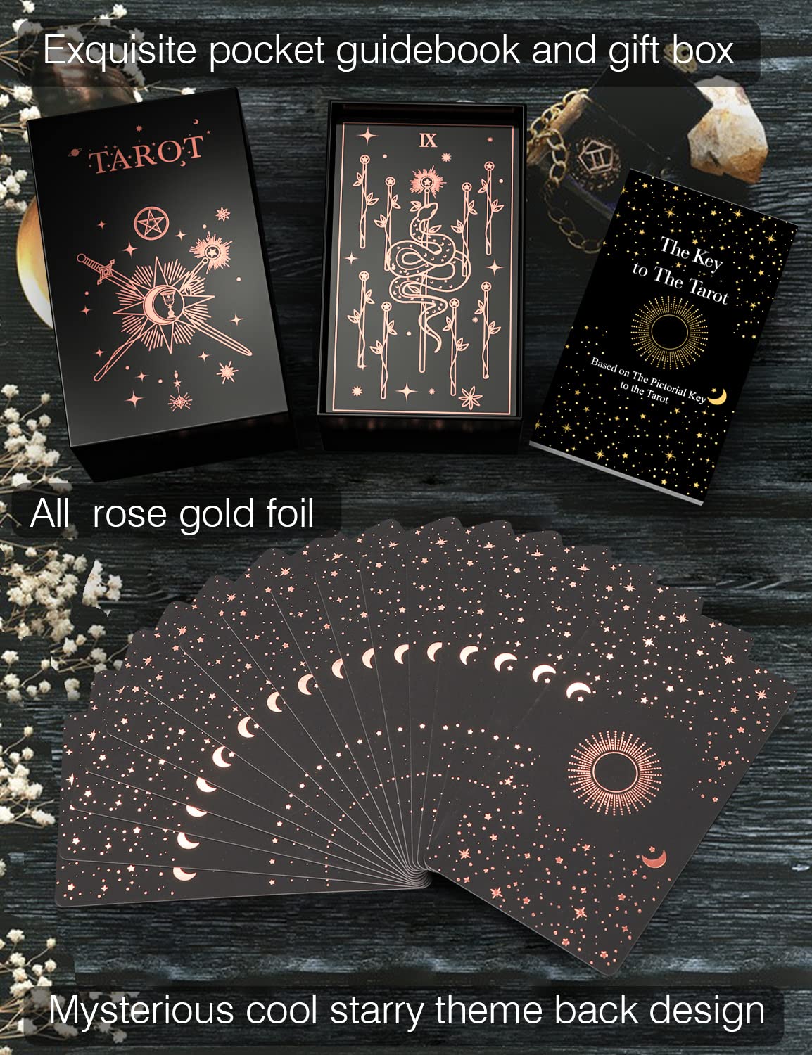 WJPC Rose Gold Foil Tarot Deck Set – 78 Cards, Guidebook & Gift Box for Beginners & Experts