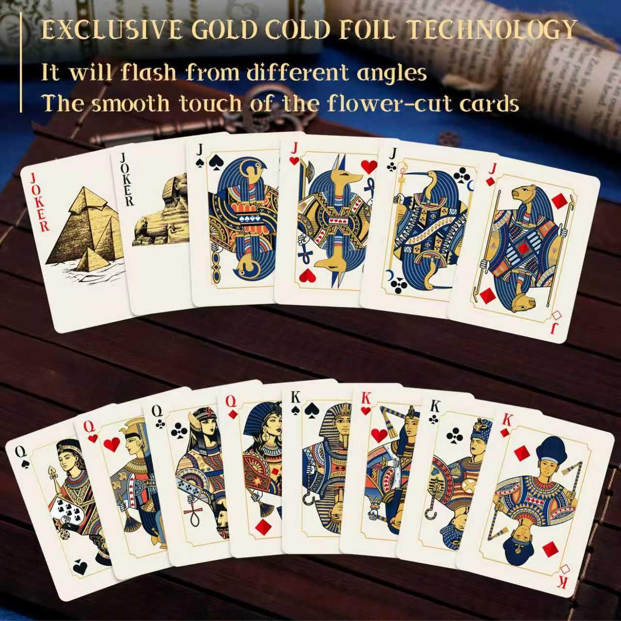WJPC Gold Cold Foil Edge Playing Cards – Flower-Cut, Ancient Egypt Theme, 54-Card Deck