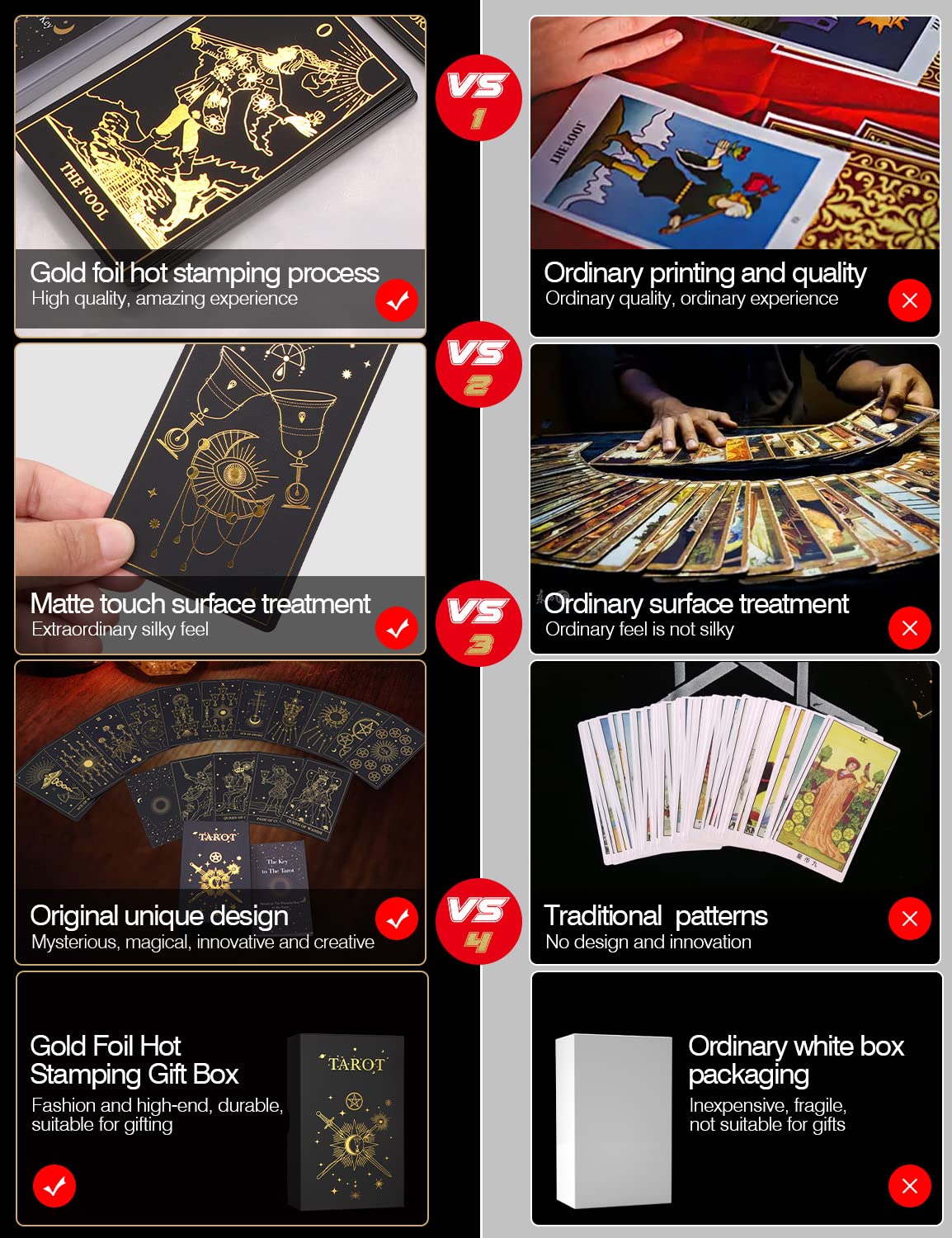 WJPC Gold Foil Tarot Cards with Guide Book Set & Gift Box – 78 Cards, 99-Page Manual