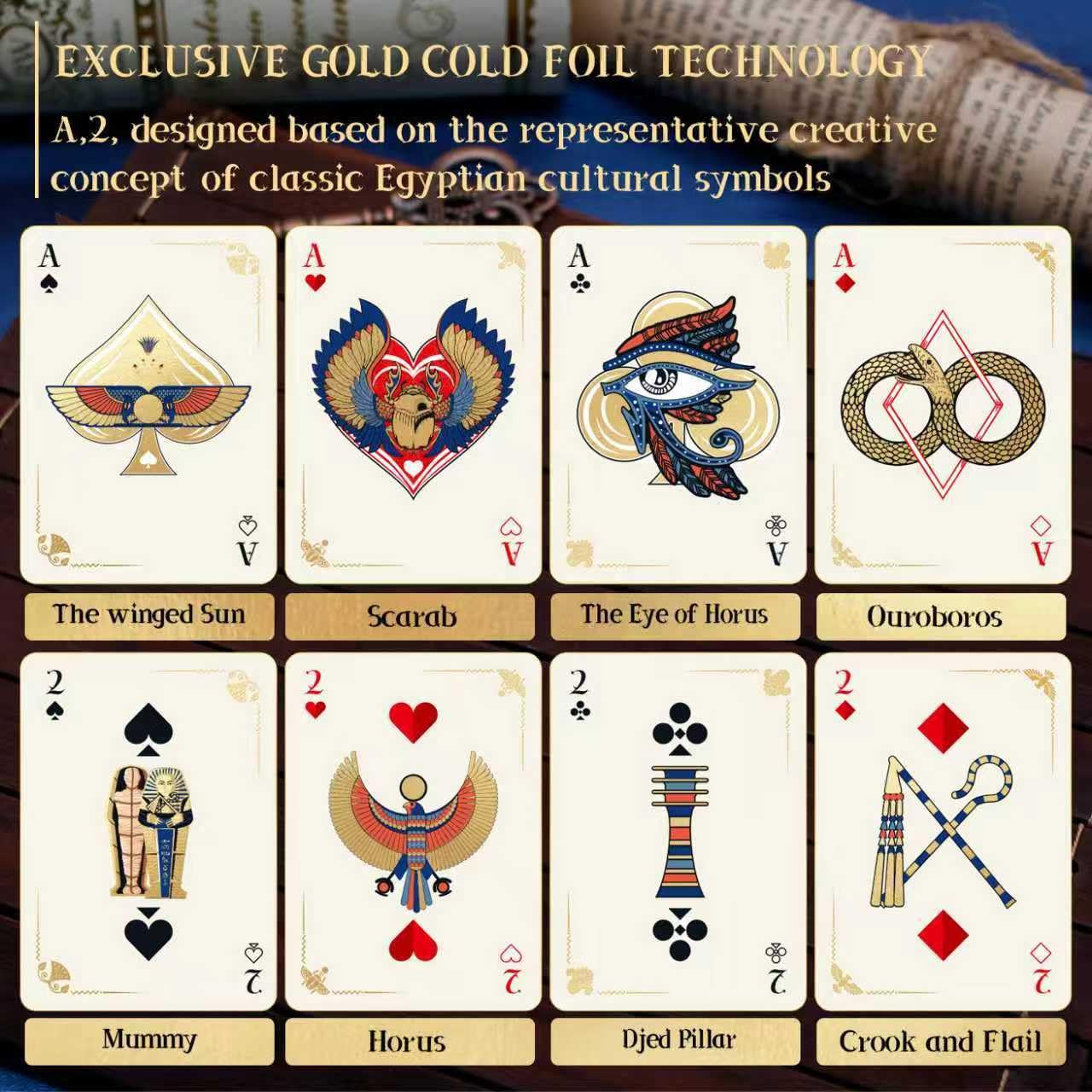 WJPC Gold Cold Foil Edge Playing Cards – Flower-Cut, Ancient Egypt Theme, 54-Card Deck