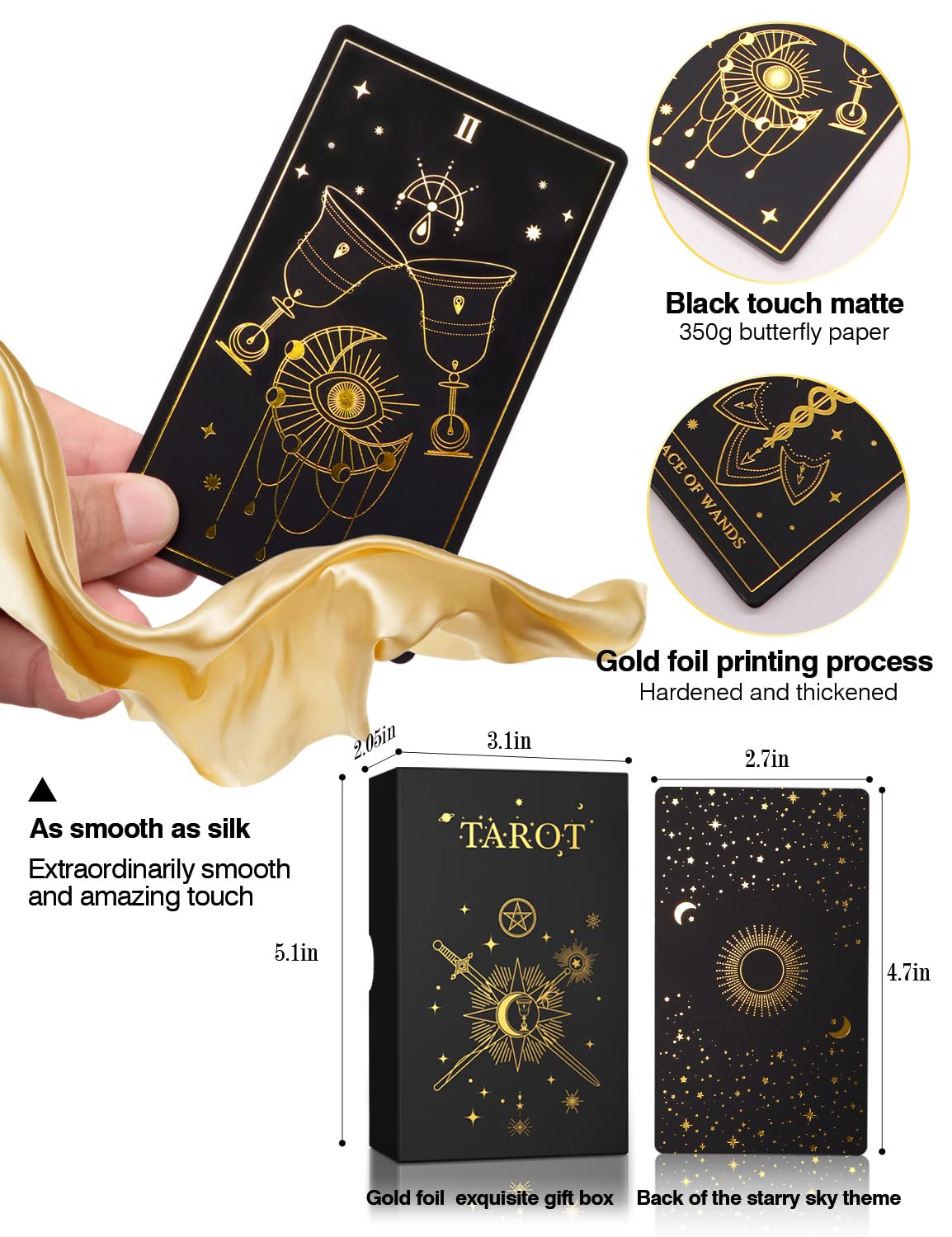 WJPC Gold Foil Tarot Cards with Guide Book Set & Gift Box – 78 Cards, 99-Page Manual