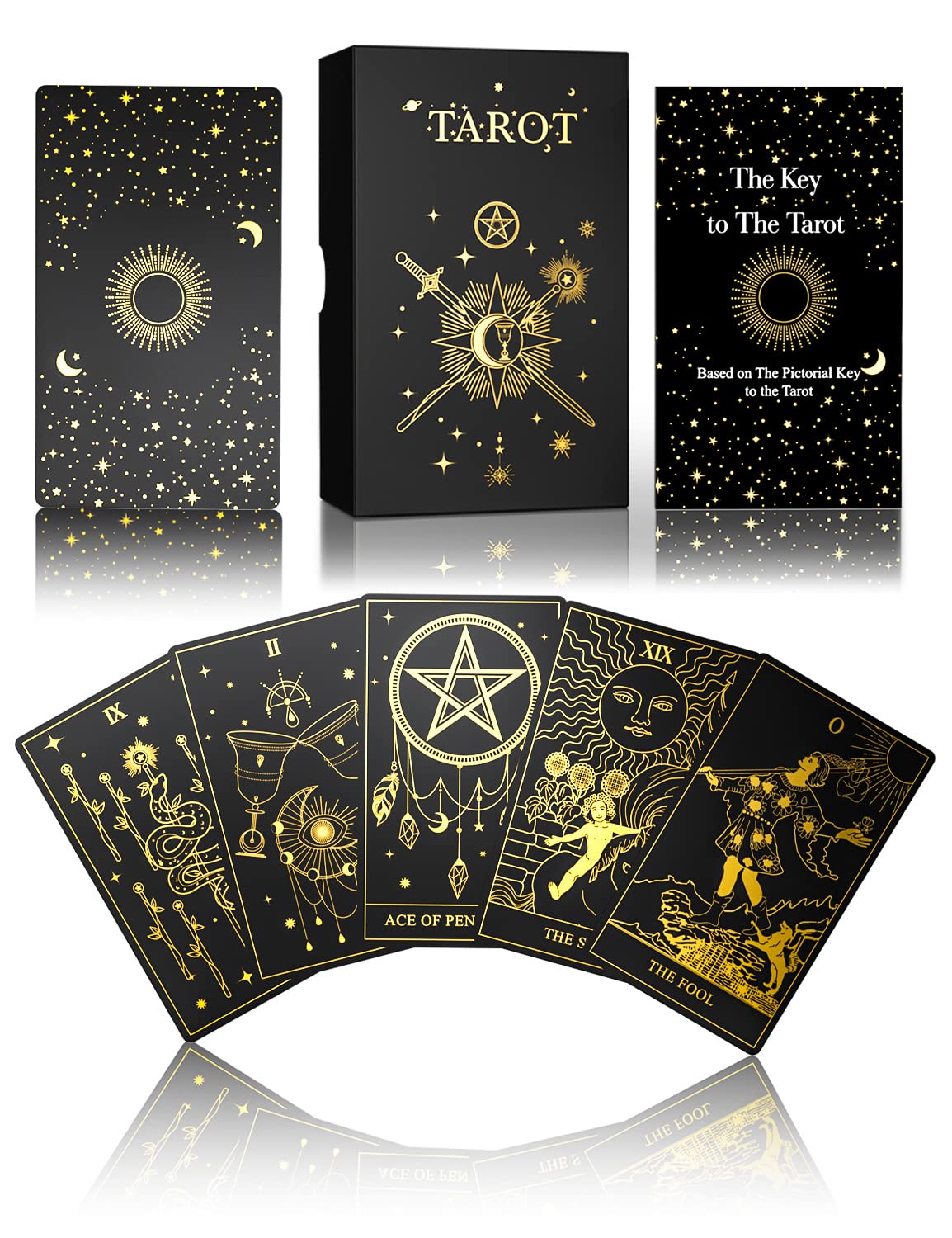 WJPC Gold Foil Tarot Cards with Guide Book Set & Gift Box – 78 Cards, 99-Page Manual