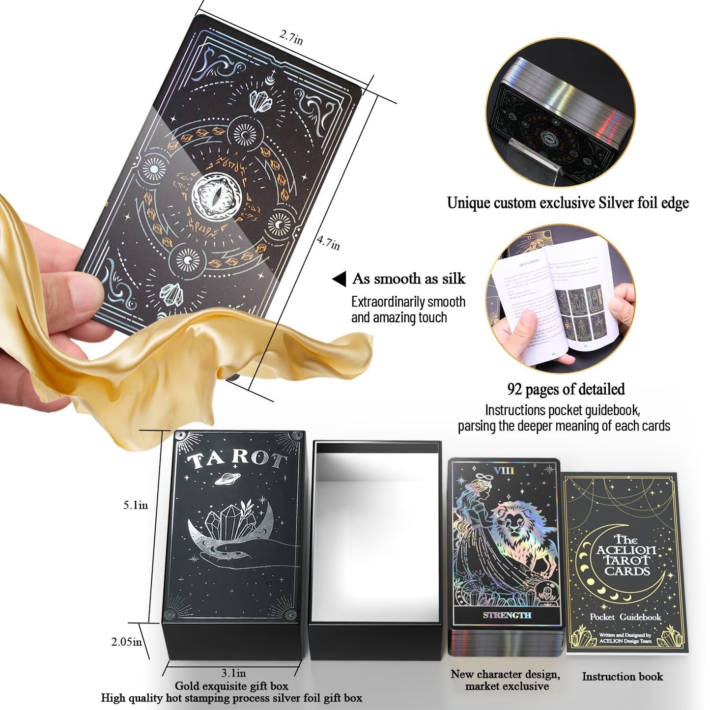 WJPC Silver Foil Edge Tarot Cards with Guide Book Set & Gift Box – 78 Cards for Beginners & Experts