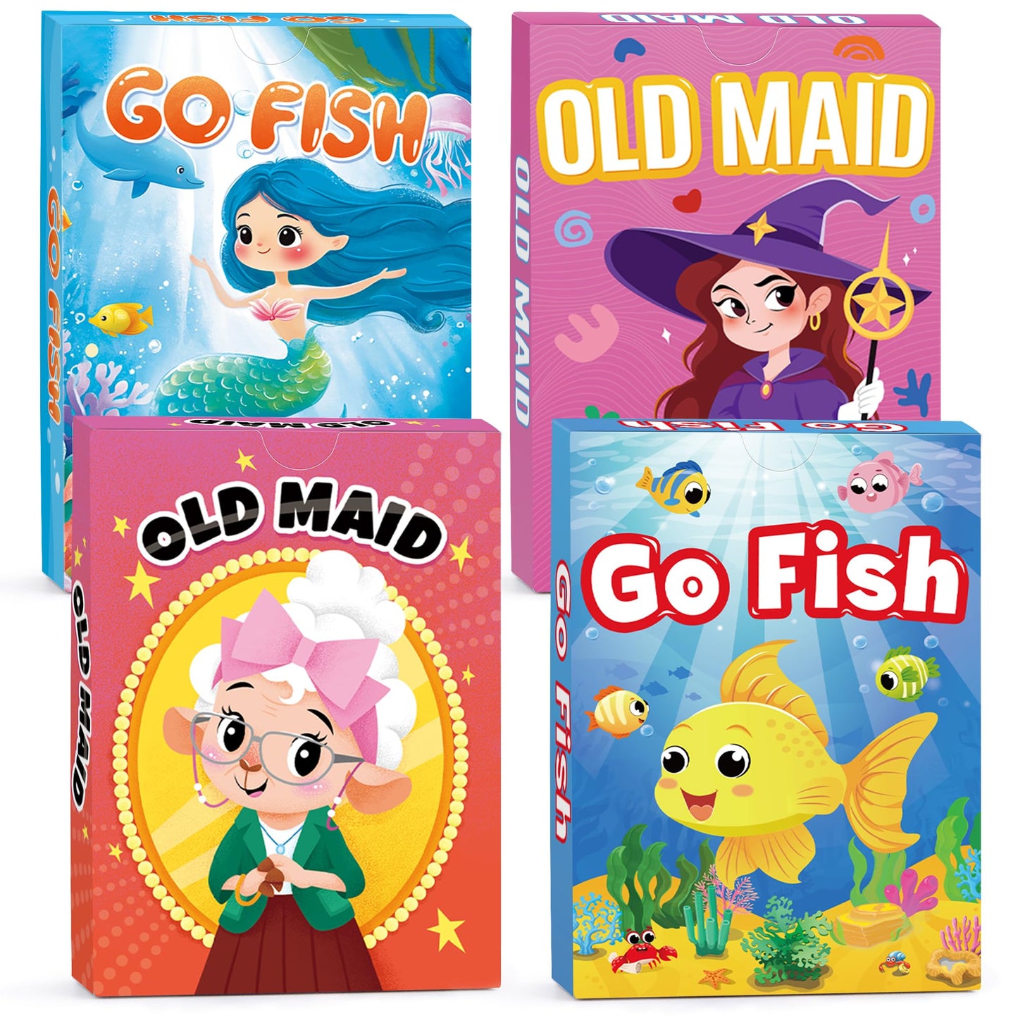 Wkchxd Go Fish & Old Maid Card Games – 4 Pack for Kids 4-8, Family & Travel Fun