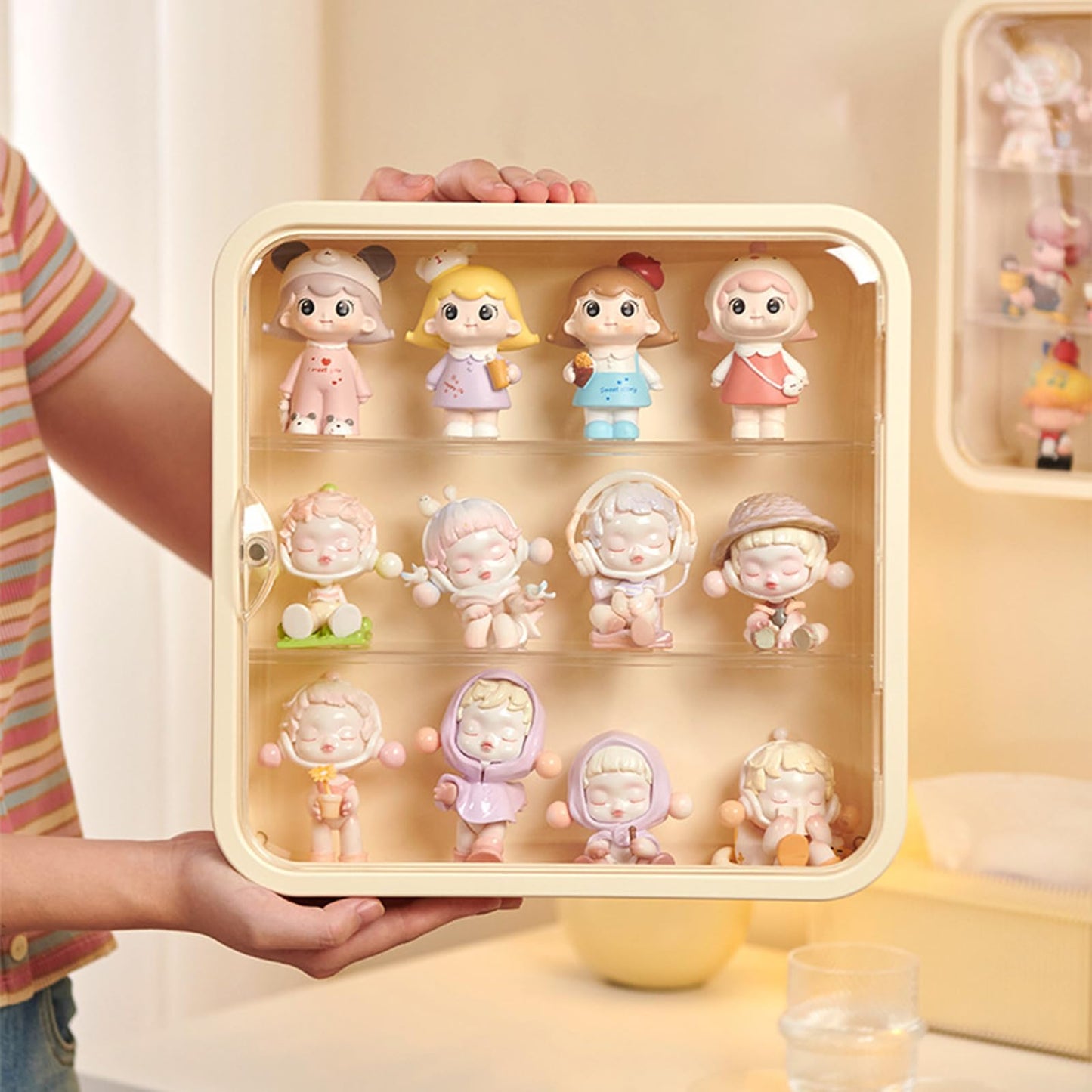 WMM Clear Display Case for Figures – Wall-Mounted Dust and Moisture Proof Display Box with Adjustable Stand (Cream)