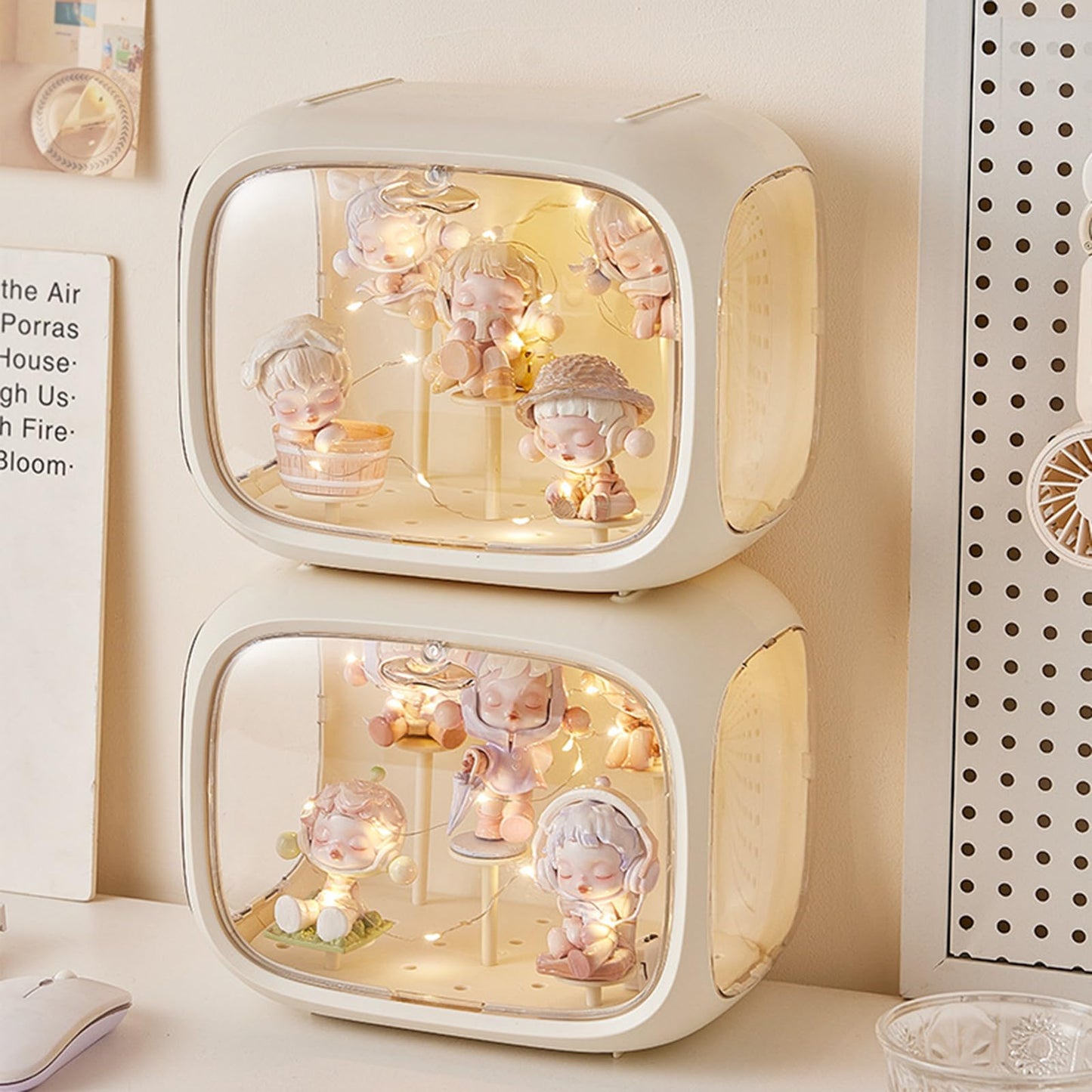 WMM Display Case for Figures with Light – Clear Acrylic Box with Door, Dust & Moisture Proof (Cream)