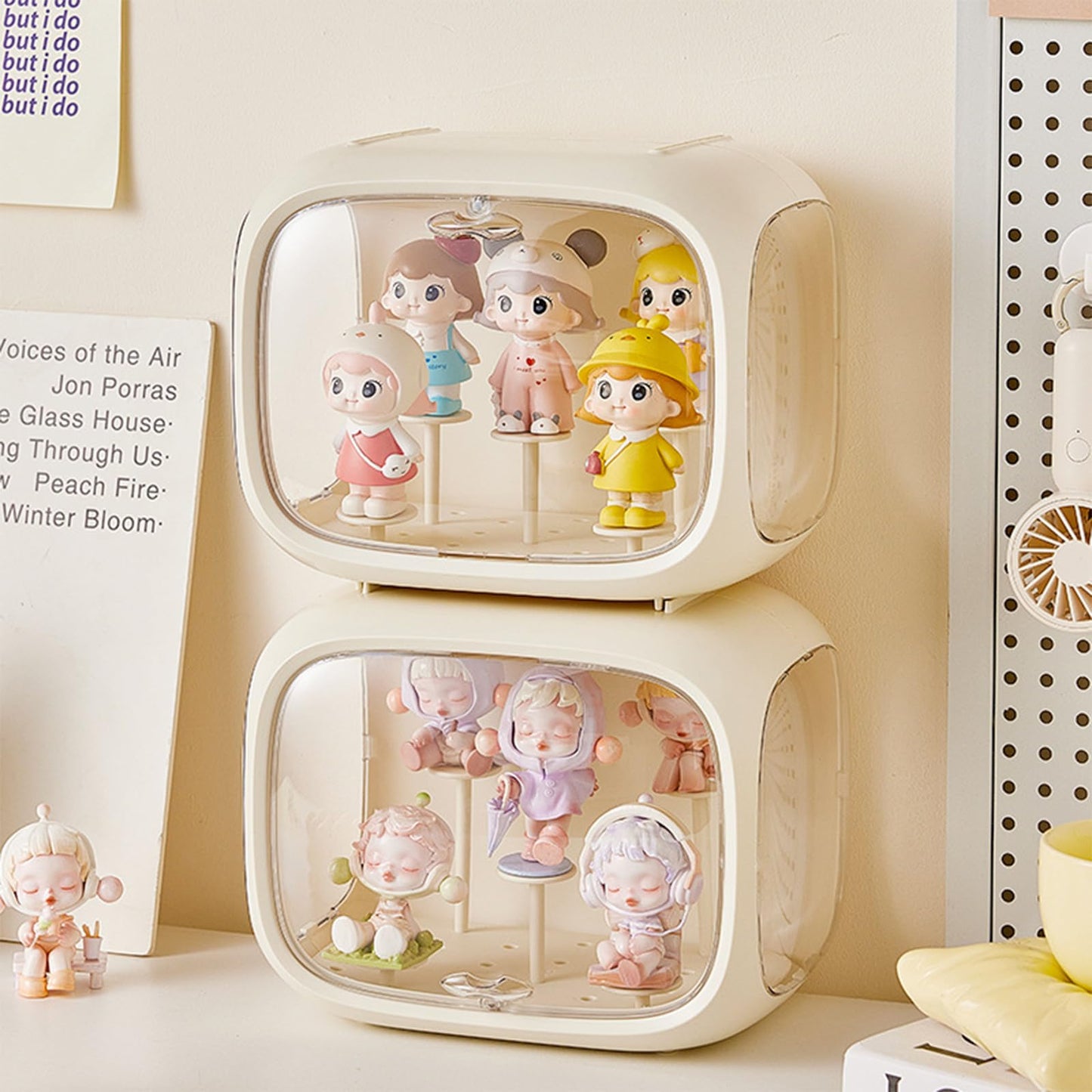 WMM Display Case for Figures with Light – Clear Acrylic Box with Door, Dust & Moisture Proof (Cream)