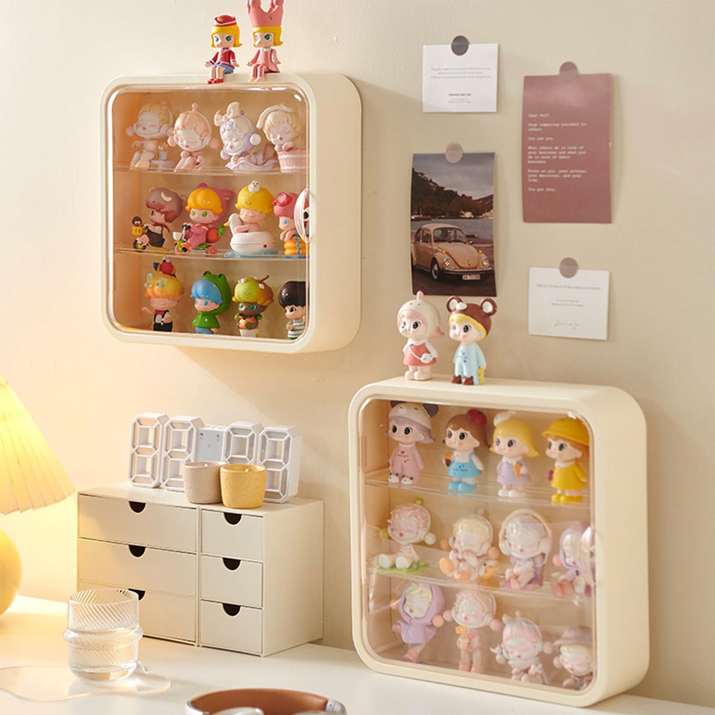 WMM Clear Display Case for Figures – Wall-Mounted Dust and Moisture Proof Display Box with Adjustable Stand (Cream)