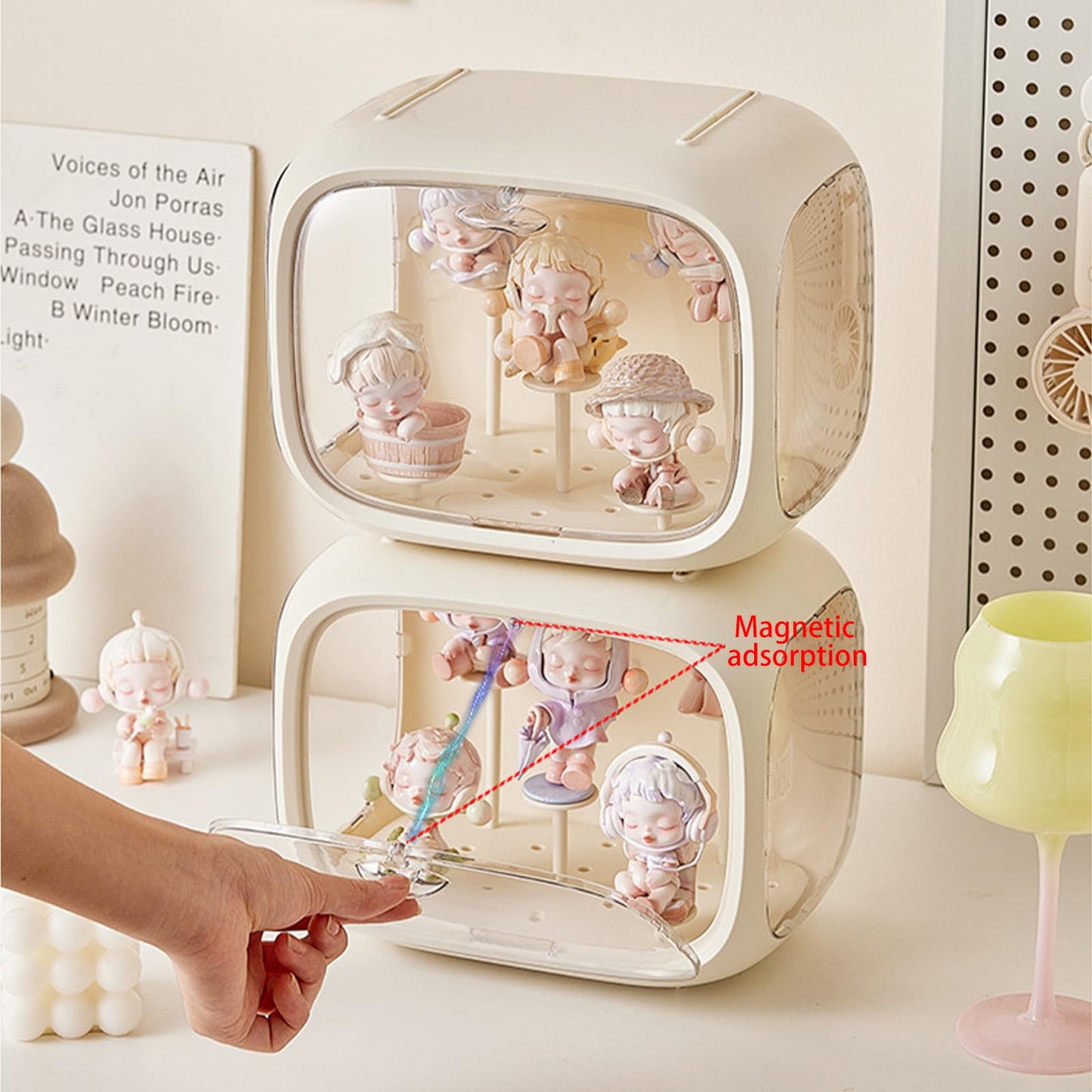 WMM Display Case for Figures with Light – Clear Acrylic Box with Door, Dust & Moisture Proof (Cream)