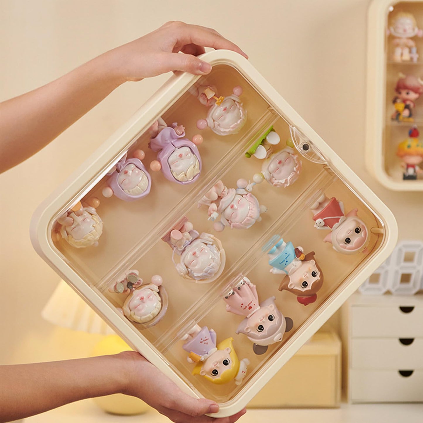 WMM Clear Display Case for Figures – Wall-Mounted Dust and Moisture Proof Display Box with Adjustable Stand (Cream)