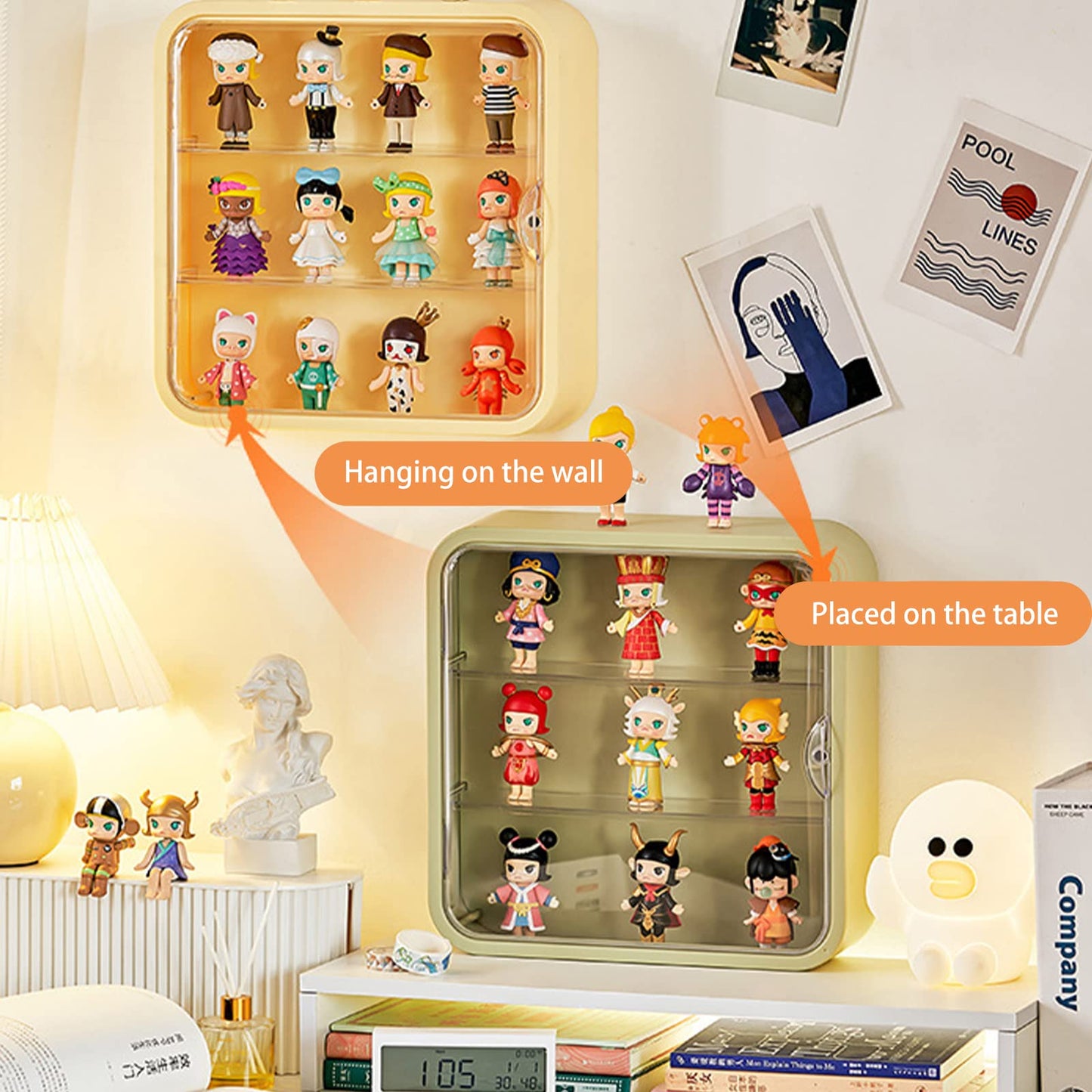 WMM Clear Display Case for Figures – Wall-Mounted, Dust & Moisture Proof Display Box (Yellow)