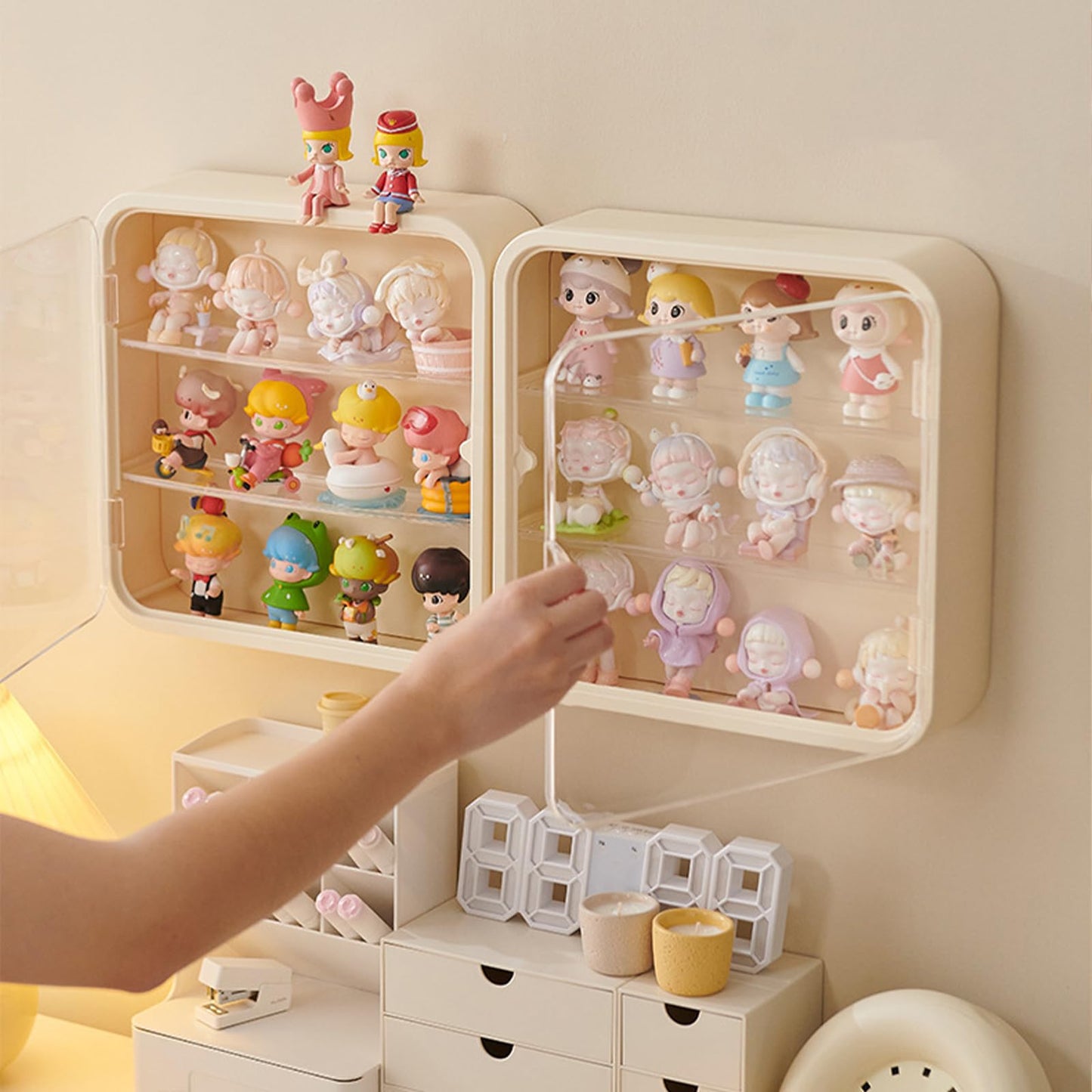 WMM Clear Display Case for Figures – Wall-Mounted Dust and Moisture Proof Display Box with Adjustable Stand (Cream)