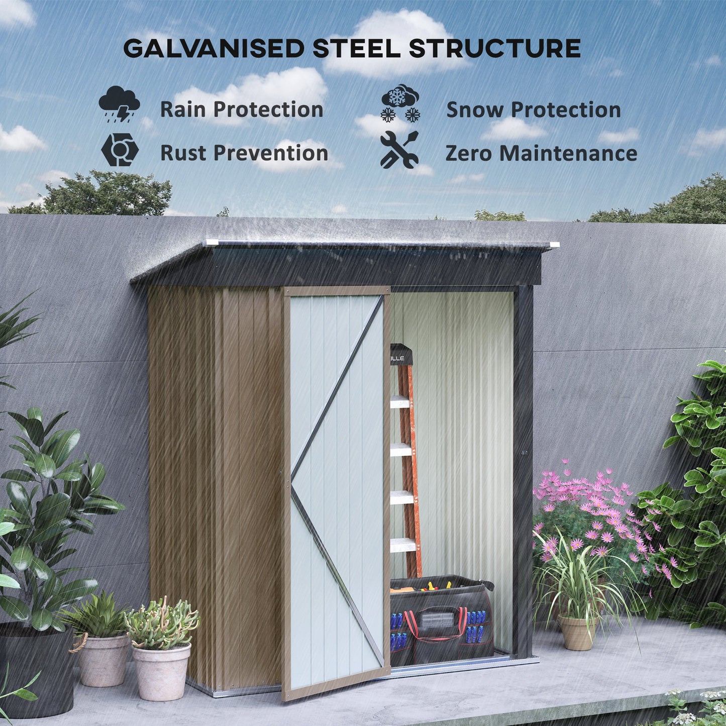 Outsunny Steel Garden Shed, Small Lean-to Shed for Bike, 5x3 ft Brown