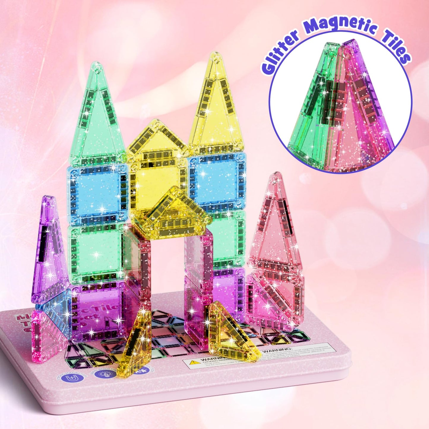 WMXDU 42-Piece Glitter Magnetic Tiles Travel Set — Pink Box, Portable STEM Building Toys for Kids 3–8