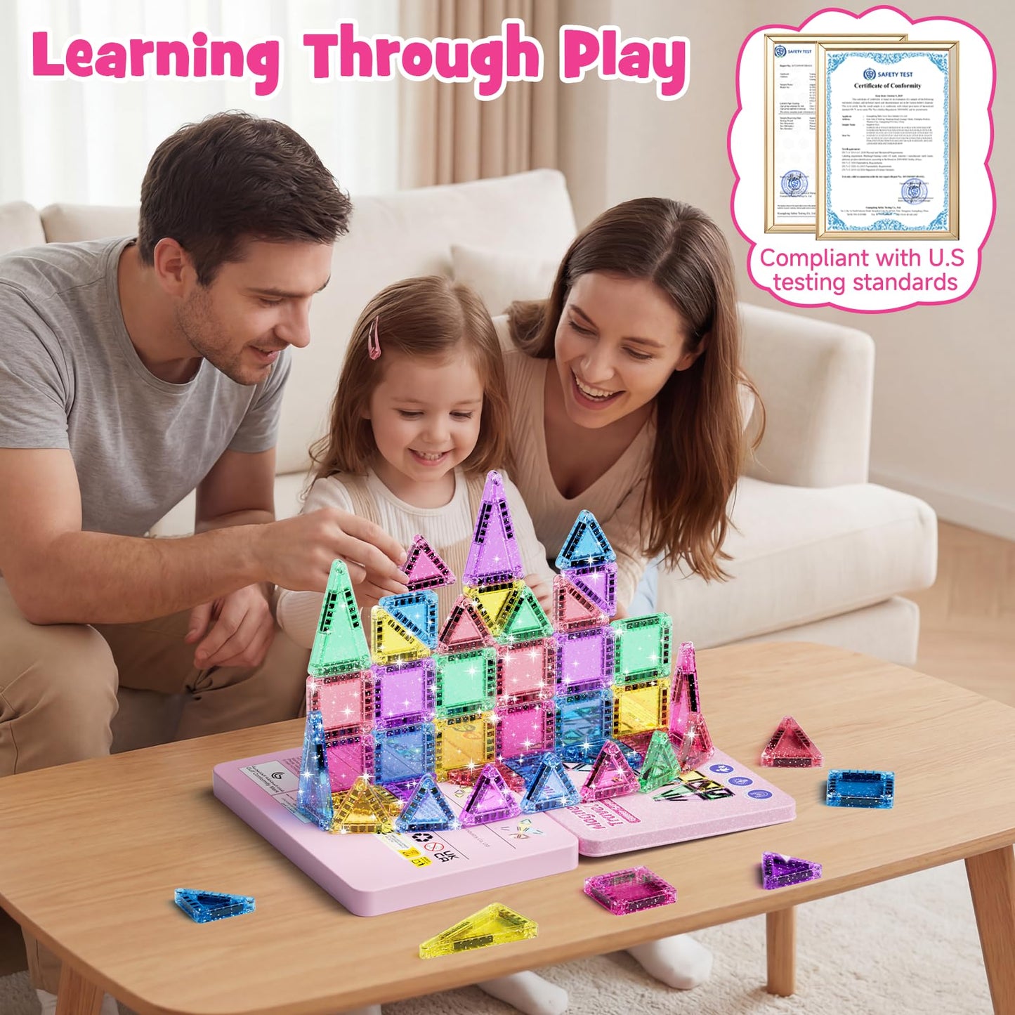 WMXDU 42-Piece Glitter Magnetic Tiles Travel Set — Pink Box, Portable STEM Building Toys for Kids 3–8