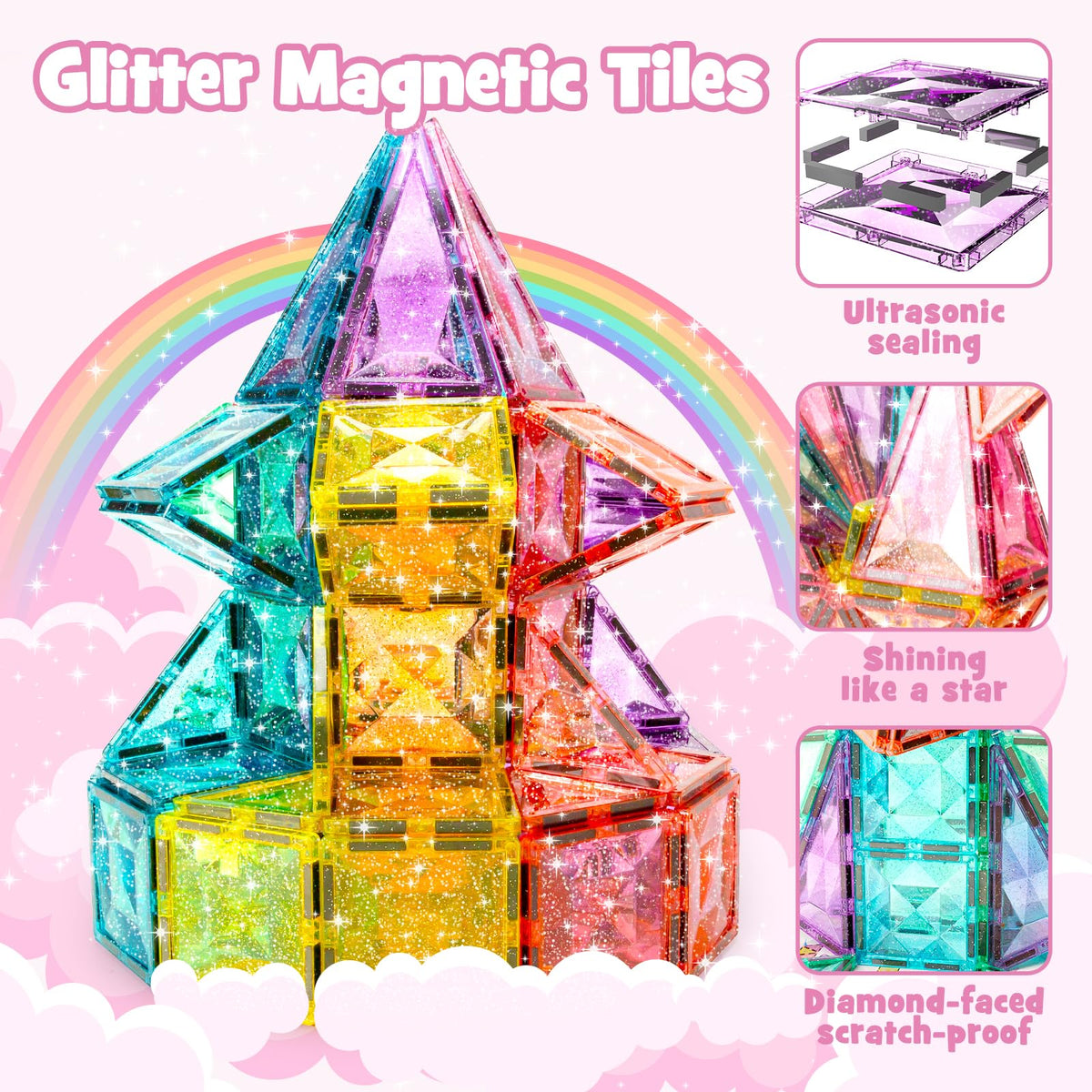 WMXDU Large Pastel Magnetic Tiles – 48 Pcs with Travel Box (Ages 3-8)