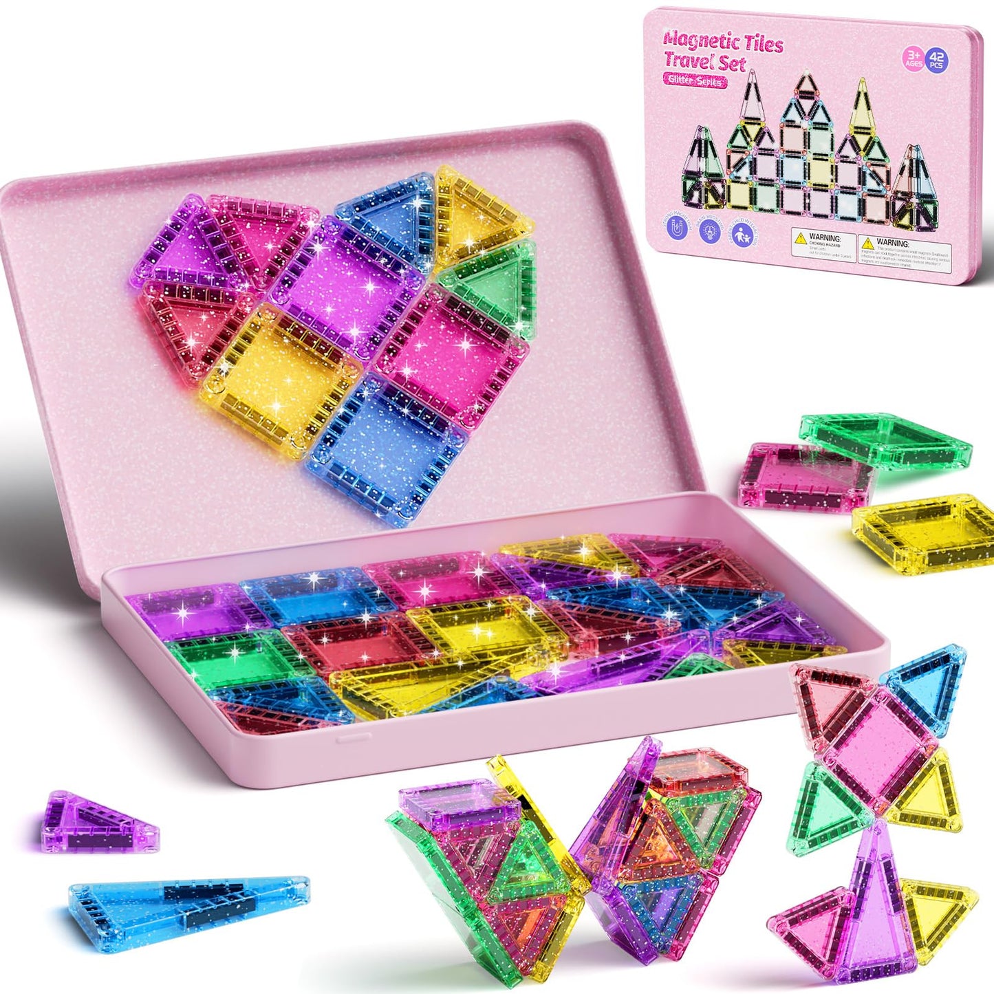 WMXDU 42-Piece Glitter Magnetic Tiles Travel Set — Pink Box, Portable STEM Building Toys for Kids 3–8