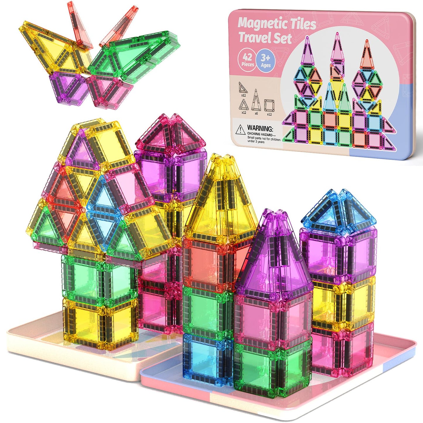WMXDU Mini Magnetic Tiles 42pc Travel Set – Portable Magnetic Building Blocks for 3+
