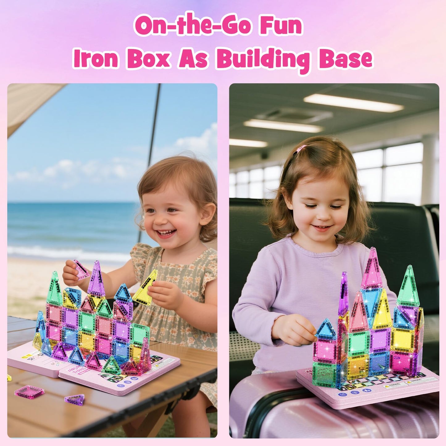 WMXDU 42-Piece Glitter Magnetic Tiles Travel Set — Pink Box, Portable STEM Building Toys for Kids 3–8