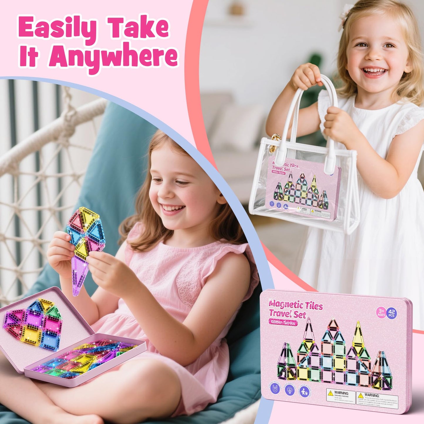 WMXDU 42-Piece Glitter Magnetic Tiles Travel Set — Pink Box, Portable STEM Building Toys for Kids 3–8